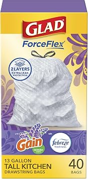 Glad ForceFlex Tall Kitchen Trash Bags, 13 Gal, Gain Lavender with Febreze, 40 Ct Pack May Vary