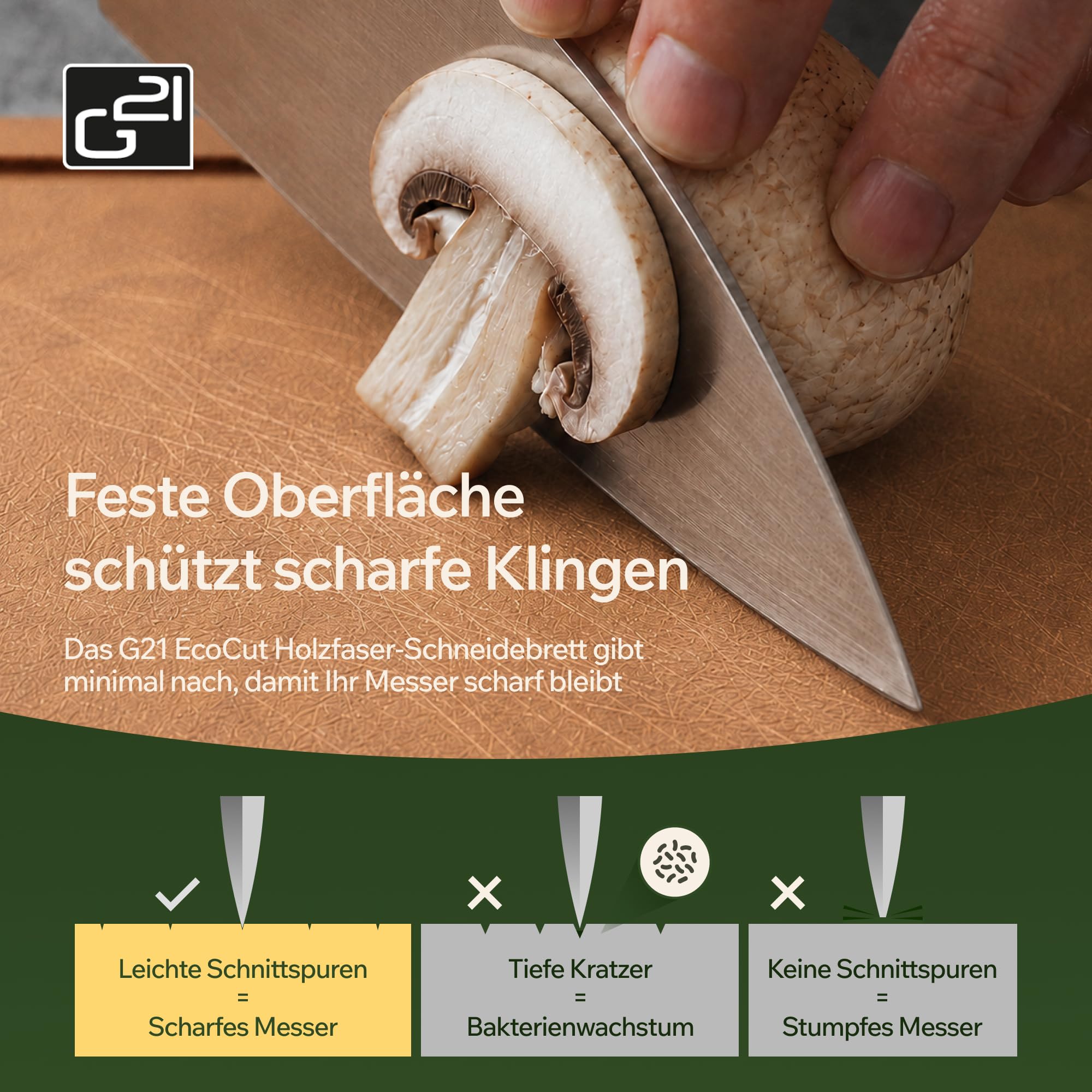 G21 EcoCut Schneidebrett Holzfaser 2er Set Spülmaschinenfest, Braun | BPA- & VOC-frei, LFGB-geprüft, porenfrei, geruchsneutral, mit Saftrille & rutschfesten Füßen, messerschonend, hitzebeständig