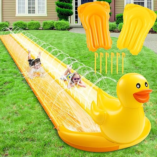 20ft 3D Duck Slip Water Slide Double Lane Lawn Water Slides 3 Sided Safe Fence Heavy Duty Inflatable with 2 Bodyboards and Sprinkler for Boy Girl Outdoor Backyard Play