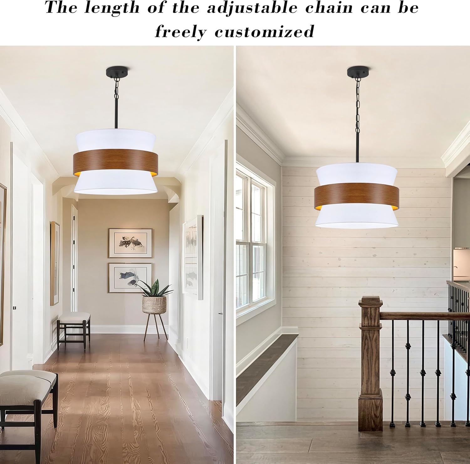 5-Lights White Drum Farmhouse Chandelier,19.68" Modern Large Fabric Light Fixture,Adjustable Rustic Metal Imitation Wood Pendant Light Fixture for Dining Room Living Room Kitchen Island Bedroom