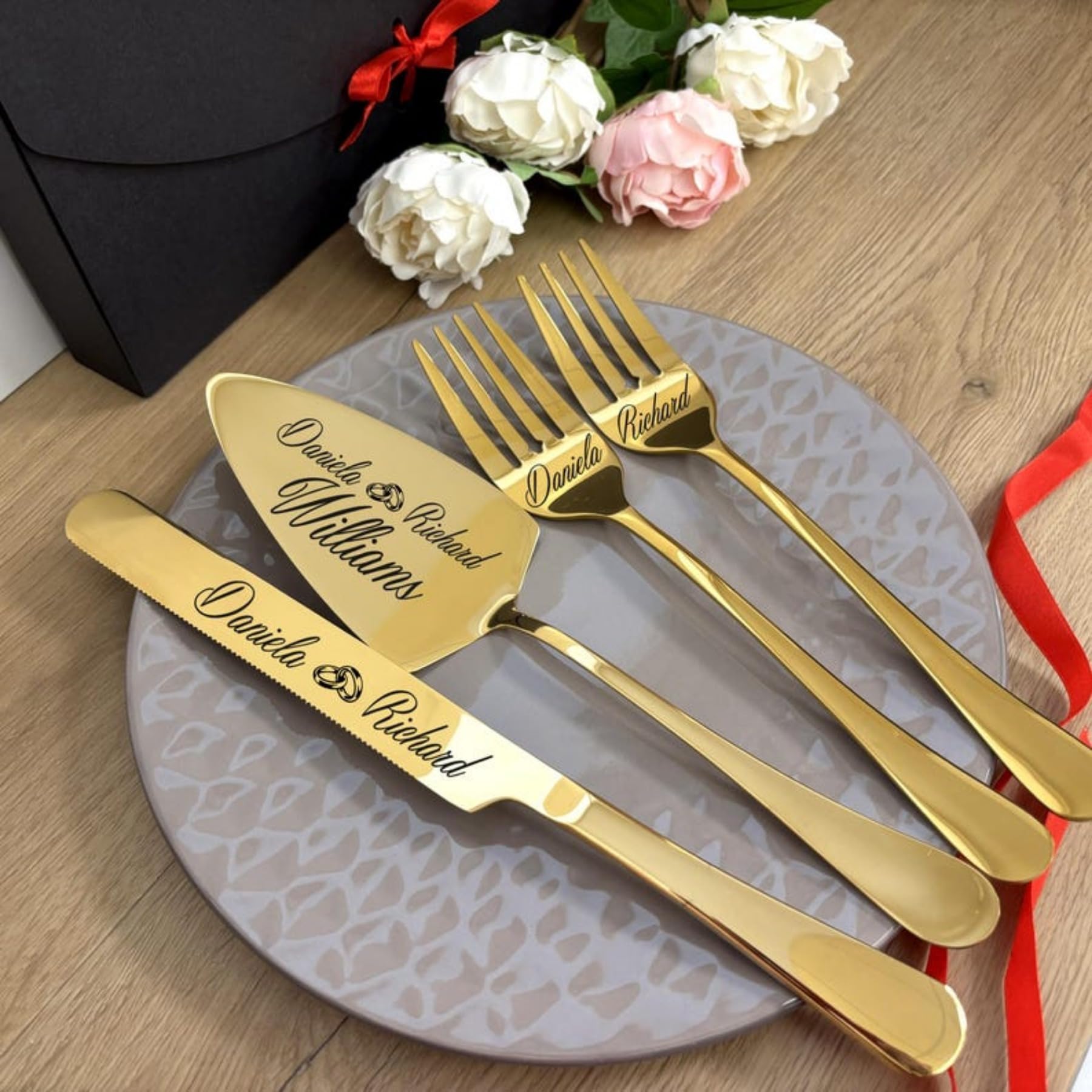 Personalized Wedding Cake Cutting Set in Gift Box Custom Engraved Silver Pie Server Cutting Kit Anniversary Housewarming Keepsake