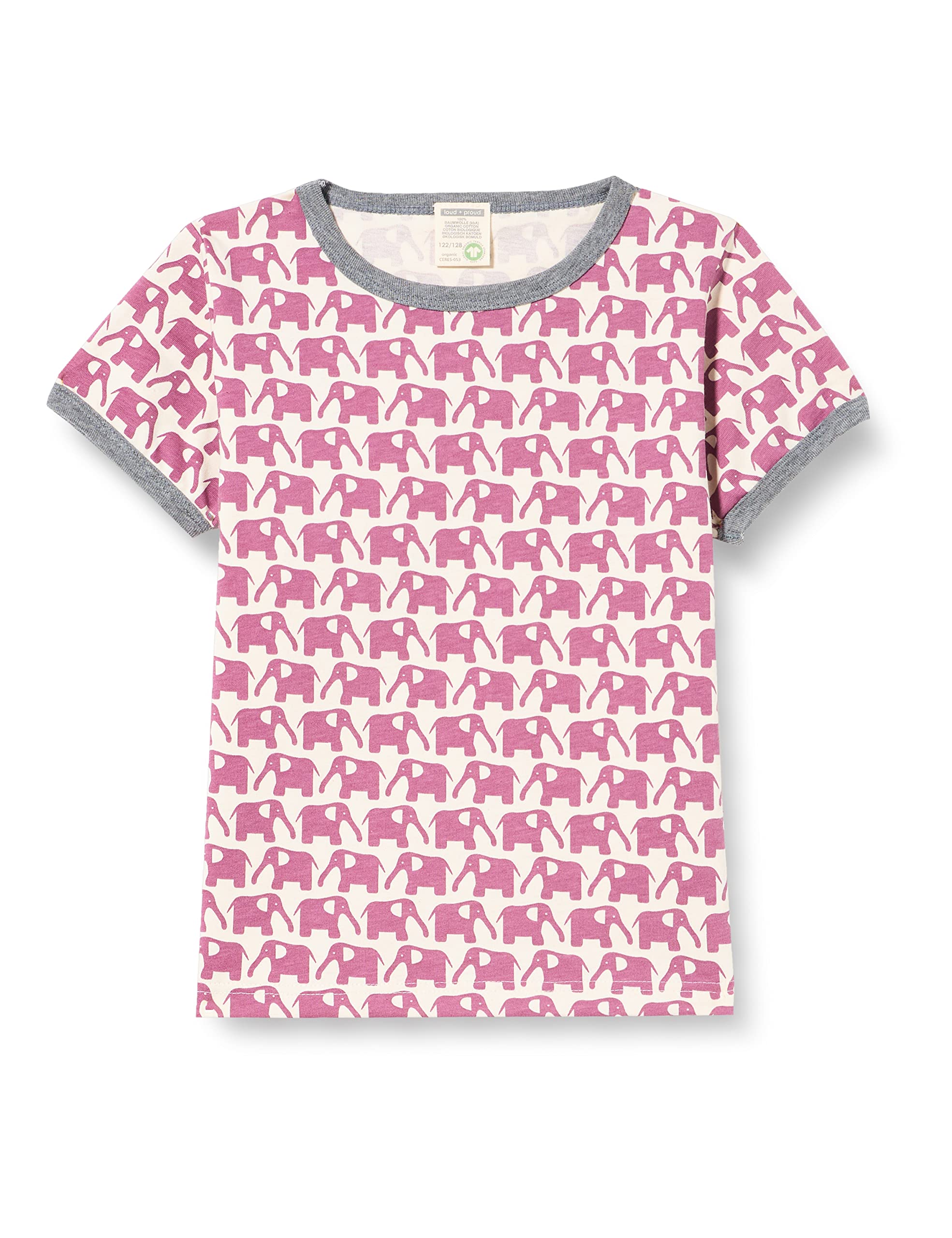 loud + proud Unisex Children's Elephant Print, GOTS Certified T-Shirt, Grape, 122 cm-128 cm