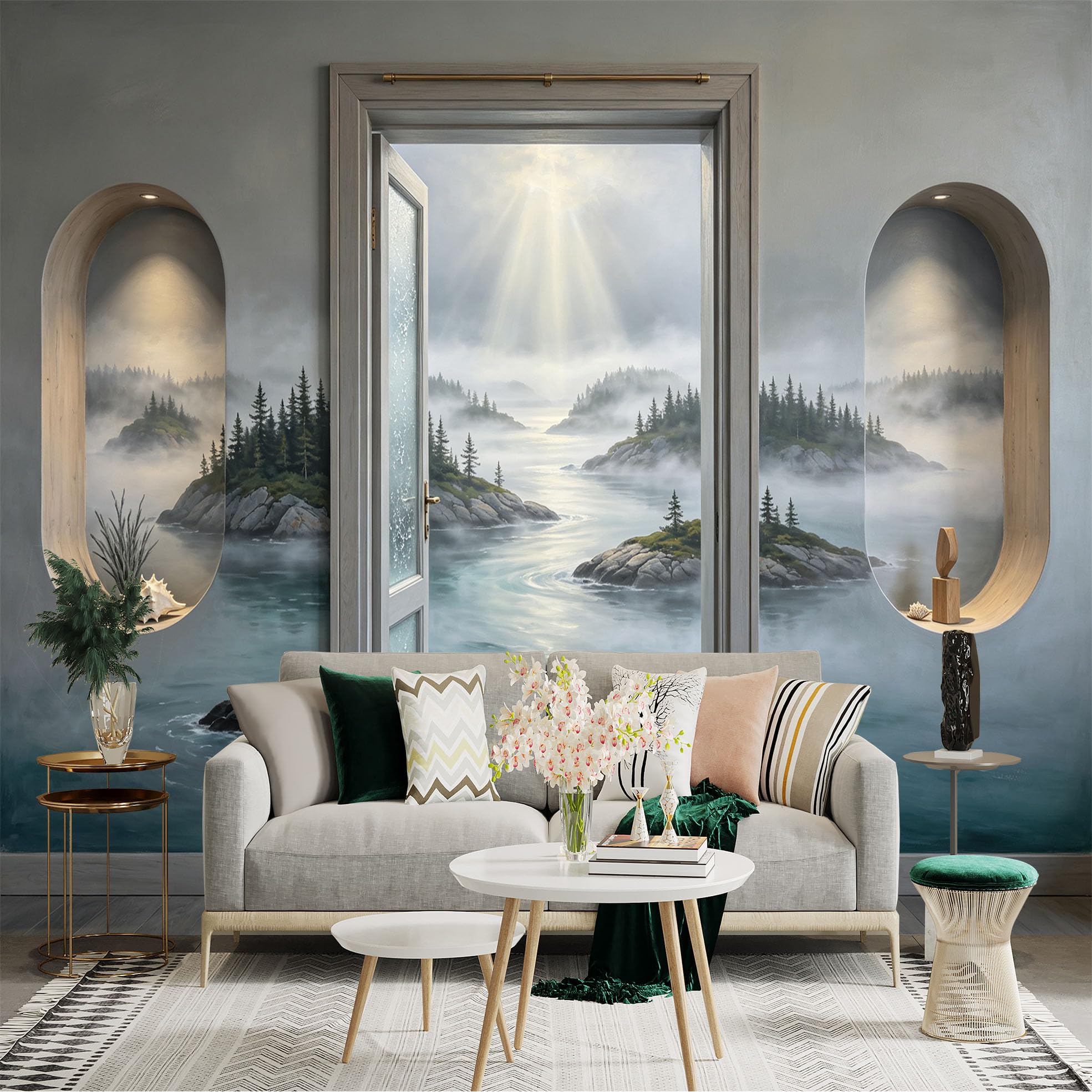 Custom Size Wall Sticker Mural， Misty Coastal Landscape， Rocky Islands and Pine Forest， for wall Decoration， peelandstick wall Decals.