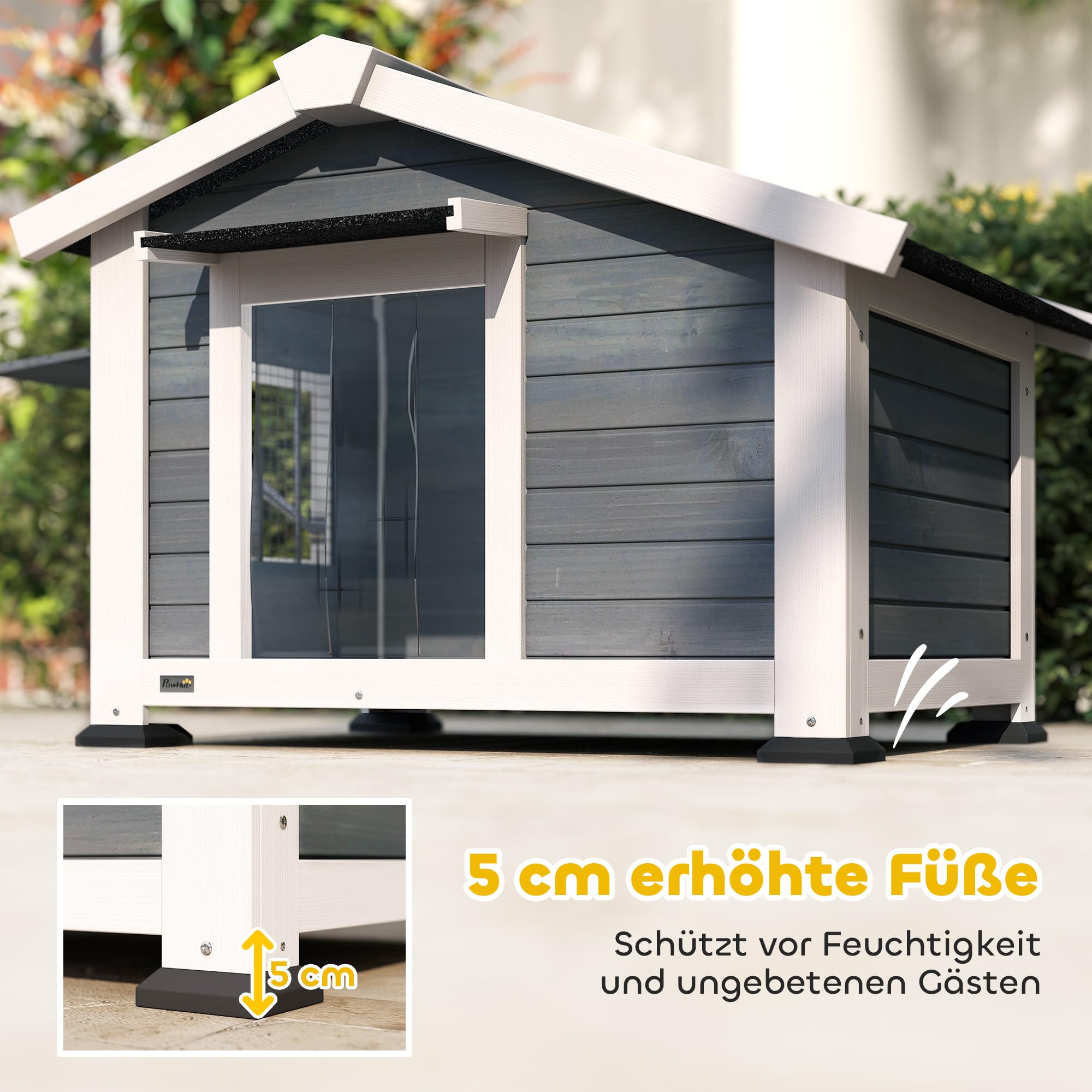 PawHut Hundehütte Wetterfest für Mittelgroße Hunde 98 x 76 x 69,5 cm Grau | Hundehaus aus Holz, Herausnehmbarer Boden, Asphaltdach, Öffnendes Fenster, Türvorhang, bis 20 kg, Indoor Outdoor