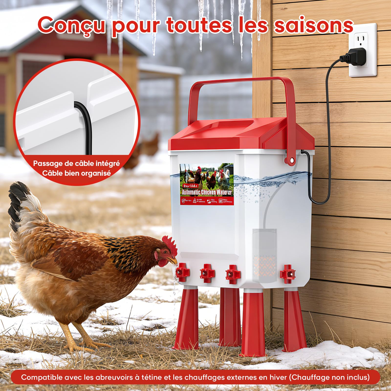 Bebedero Gallinas Automático 10 litros con Pies, 8 Cuencos, Flotador Filtrado Controlado