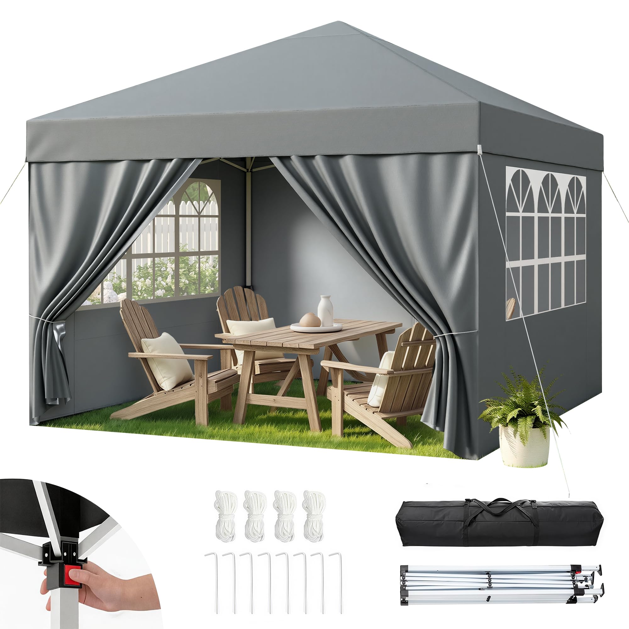 Hawthyhome Pavillon 3x3 Wasserdicht Stabil, Faltpavillon 3x3 mit 4 Seitenteilen, Pop Up Pavillon UV Schutz 50+, Höhenverstellbar Partyzelt Gartenpavillon Für Outdoor Camping, Grau Mit Seitenwänden
