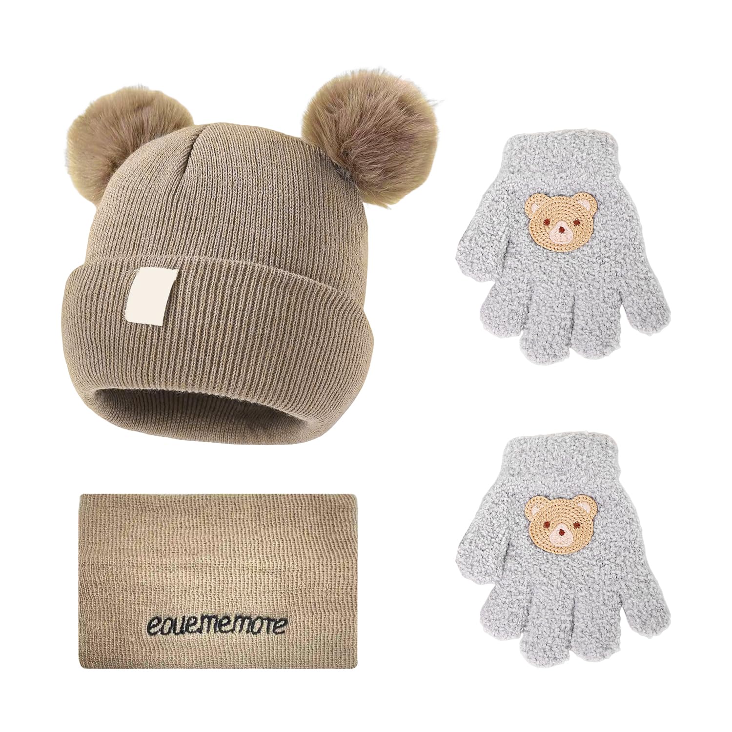 Ubsiuh Unisex Infant Khaki 1 Piece Of Baby Winter Hat, 1 Piece Of Scarf, 1 Pair Of Gloves, Double Fur Ball Design, Soft And Warm Suit, Autumn And Winter Travel Accessories.