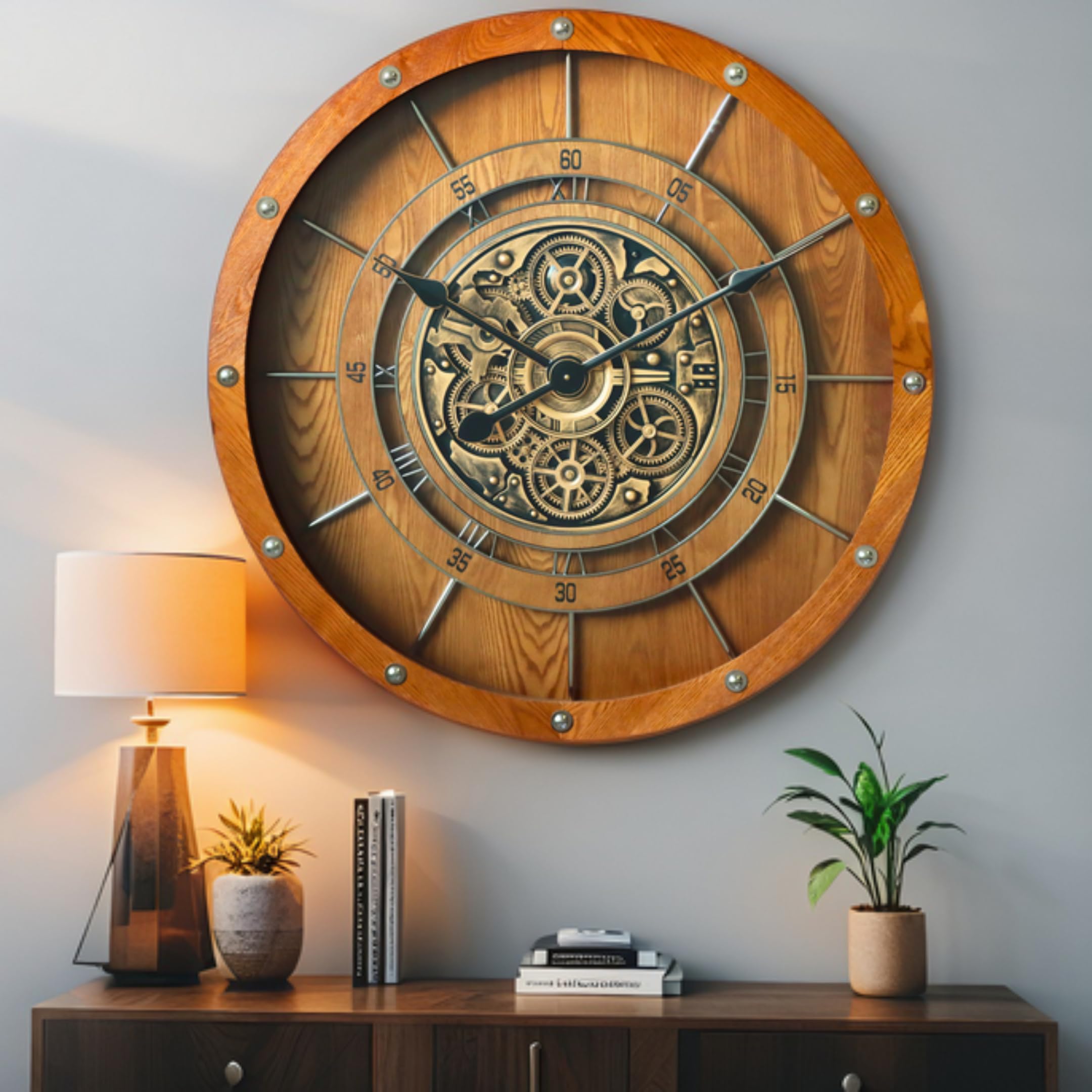 THE GEARS CLOCK Reloj de pared de 32 pulgadas con mecanismo de movimiento real, línea francesa (marrón vintage, 80 cm)