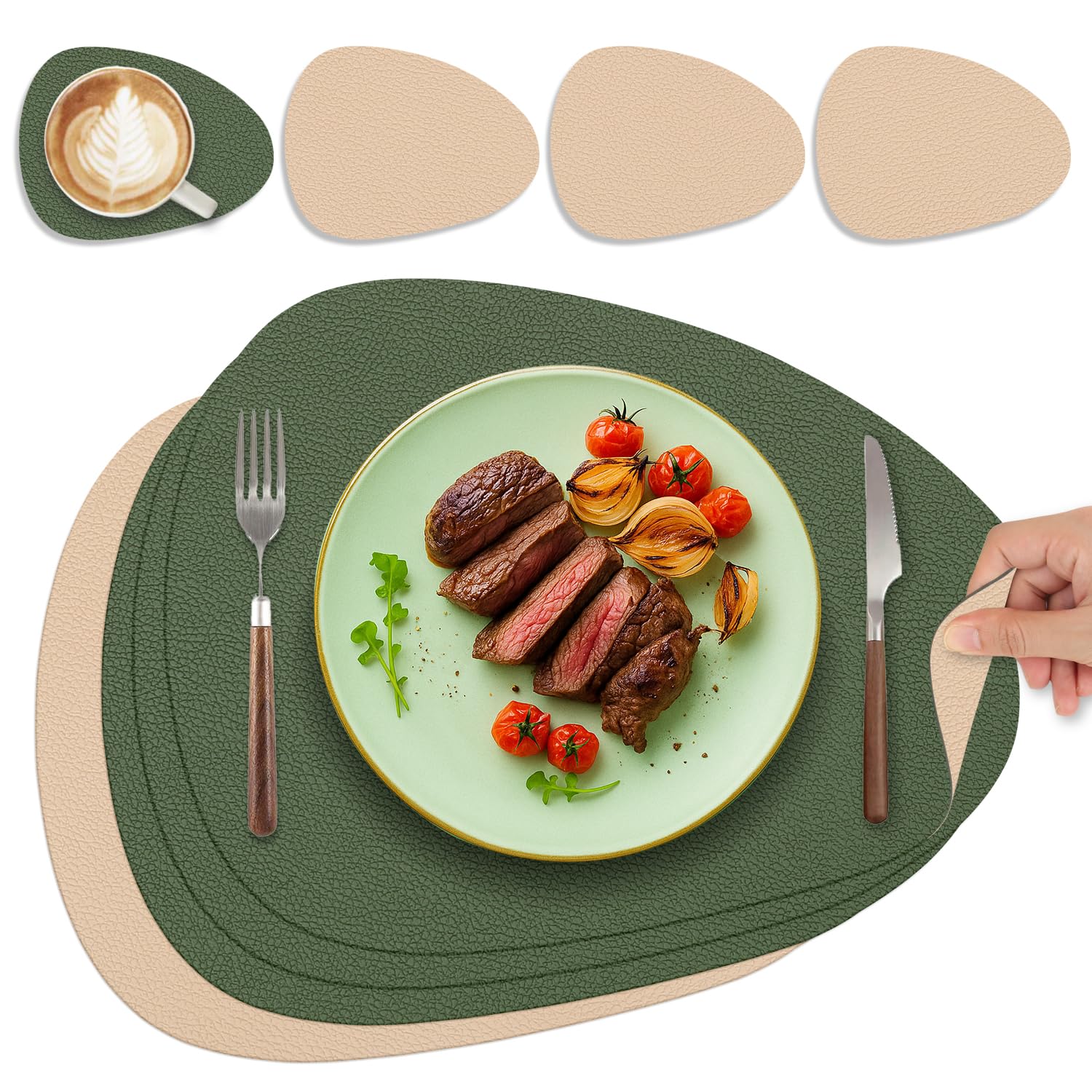 HELI MIAO Tischsets Abwaschbar 4er Set - Doppelseitige Platzsets & Untersetzer aus Lederoptik, rutschfeste & wasserdichte Tischunterlage für Esstisch und Familie - Oval in Waldgrün+Haferfarbe