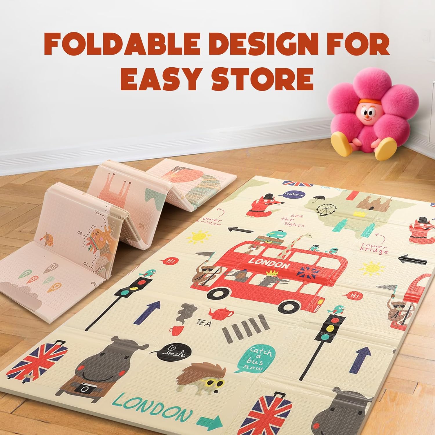 Mergren Baby Play Mat, Large(71"×47") XPE Waterproof Foam Foldable Baby Crawling Mat with Reversible Animal Friends Double-Sided Patterns, Anti-Slip Floor Playing Mats