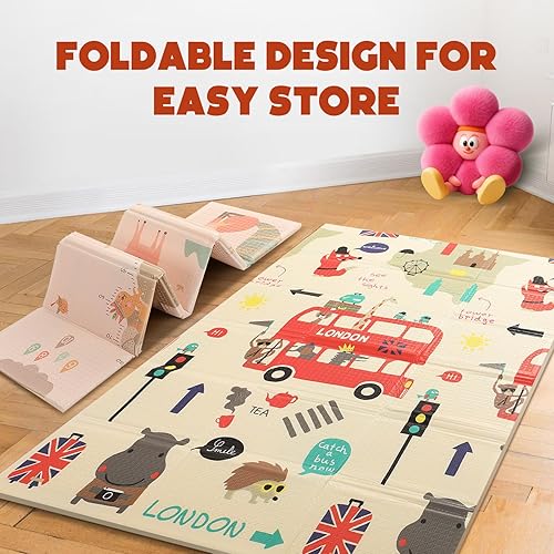 Miniatura 6 de Mergren Tapete de juego para bebé, grande (79 x 71 pulgadas), tapete plegable de espuma impermeable XPE para gatear con patrones reversibles de