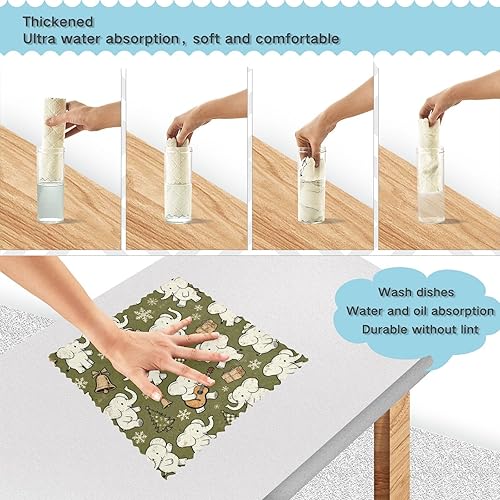 Miniatura 4 de Retro White Elephants Olive Green and Blue Kitchen Towels and dishcloths 6 Pack Set of Tea Towels Decorating toallas para cocina decoracion 11x11in