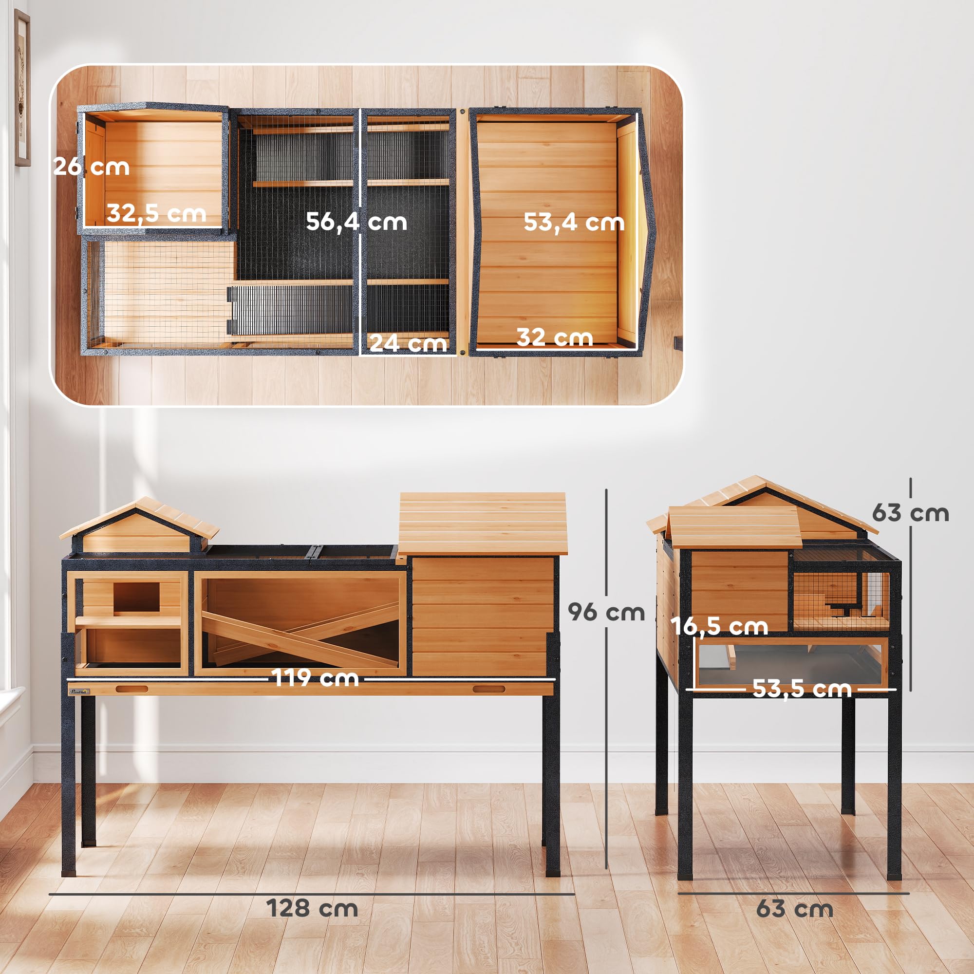 PawHut Maison pour Tortues, Habitat en Bois à 2 étages avec 2 Chambres, enclos intérieur extérieur avec rampes, Toit ouvrable et Plateau, Grande Cage pour Reptiles, 128x63x96cm, Jaune