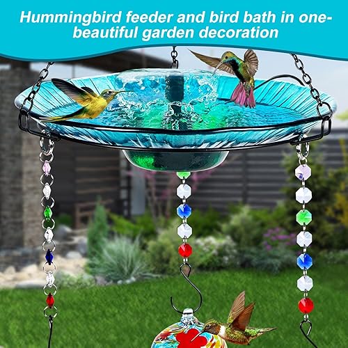 Miniatura 2 de Alimentador de colibríes y baño para pájaros para exteriores 2 en 1 para pájaros pequeños - Fuente de baño de colibrí con 3 macetas rojas - Fuente