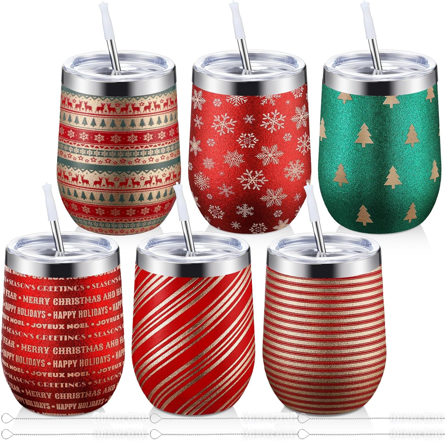 Sliner 6 Pack Pack Christmas Glitter Tumbler Bulk, 12 oz Holiday Wine Tumbler Set Stainless Steel Insulated Sparkling Glitter Cup with Lids Straws and Brushes Travel Mug Xmas Gift (Stripe Style)