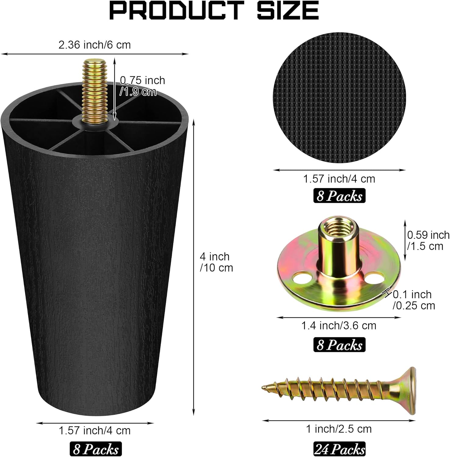 turstin 8 pack 4 inch plastic furniture legs with m8 t-nuts screws tapered sofa couch and chair legs replacement furniture legs for diy projects sofas coffee tables dressers beds 4 inch 8