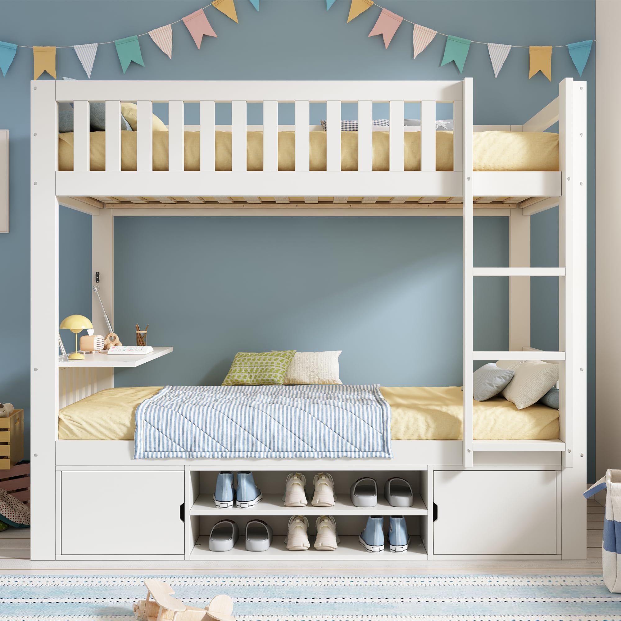 SACOOL Cama alta infantil blanca de 90 × 200 cm con tablero plegable y zapatero integrado, somier, solución todo en uno, certificado EN 747, sin colchón, color blanco
