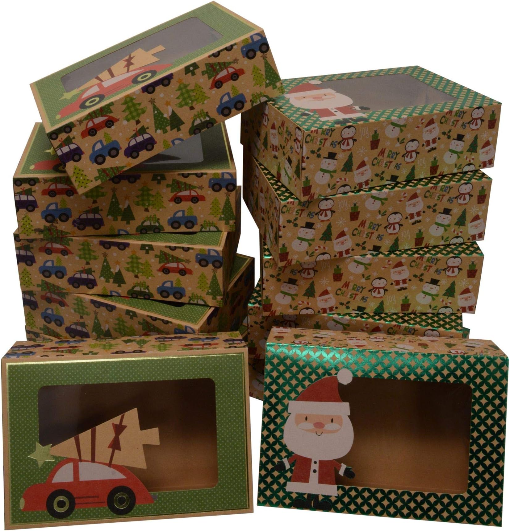 Christmas Doughnut and Cookie Gift Boxes; Rectangle with Clear Window; Brown Kraft with hot Stamp Christmas Designs; 6 of Each Print; Set of 12 Boxes (12, 8.6" x 6" x 2.75" Style B)