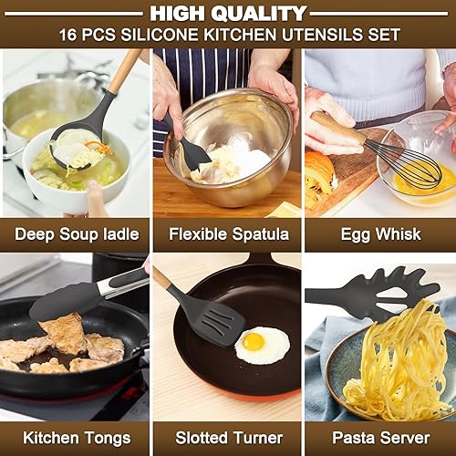 Miniatura 4 de AIKKIL - Juego de utensilios de cocina de silicona, 16 piezas, con soporte, resistencia al calor, mango de madera, juego de utensilios de cocina
