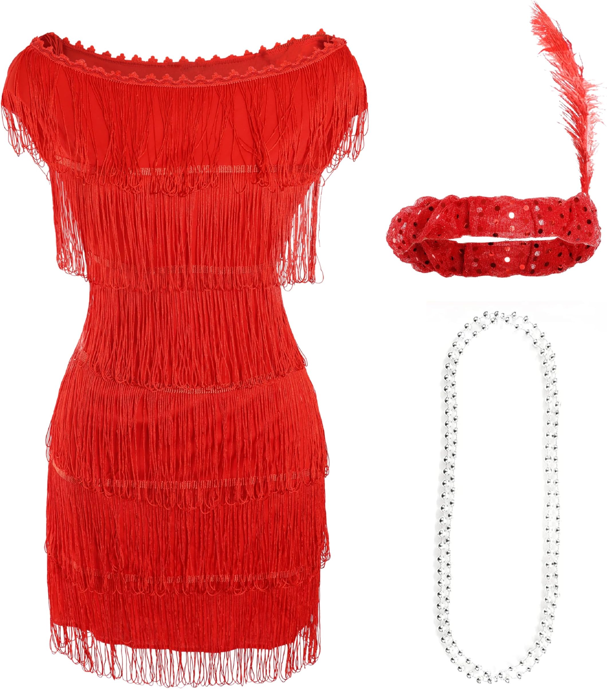 Red Deluxe Flapper Dress - Ladies Deluxe Red Flapper Costume with Matching Sequin Headband and Silver Pearl Necklace - 1920's Party Dress