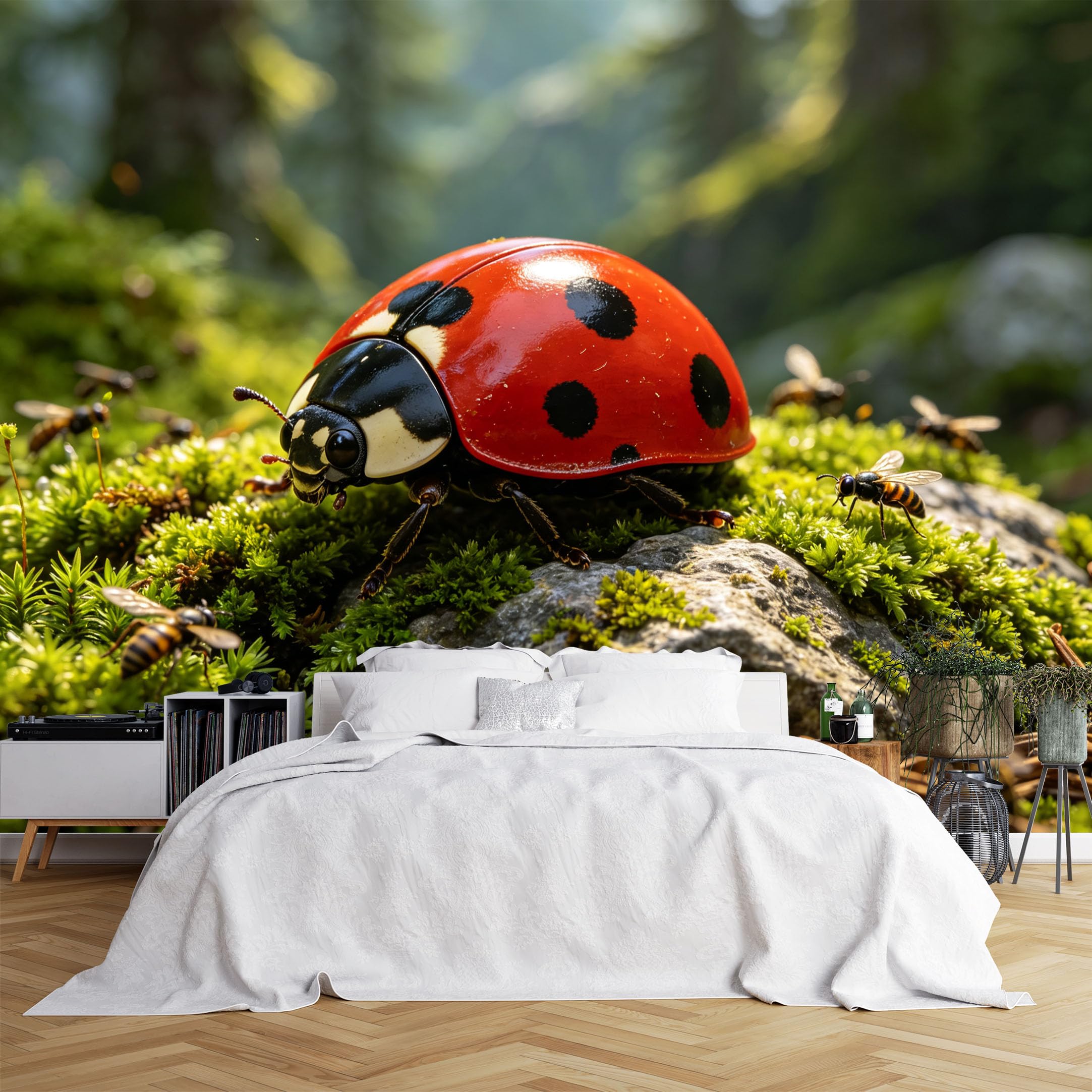 Lcythiazole Ch260615242 Custom Size Wall Murals Ladybug Bee Moss Stone Macro Nature Realistic Wall Murals Self-Adhesive Wall Fabric (No Pvc) Removable Wallpaper For Entryway Bathroom