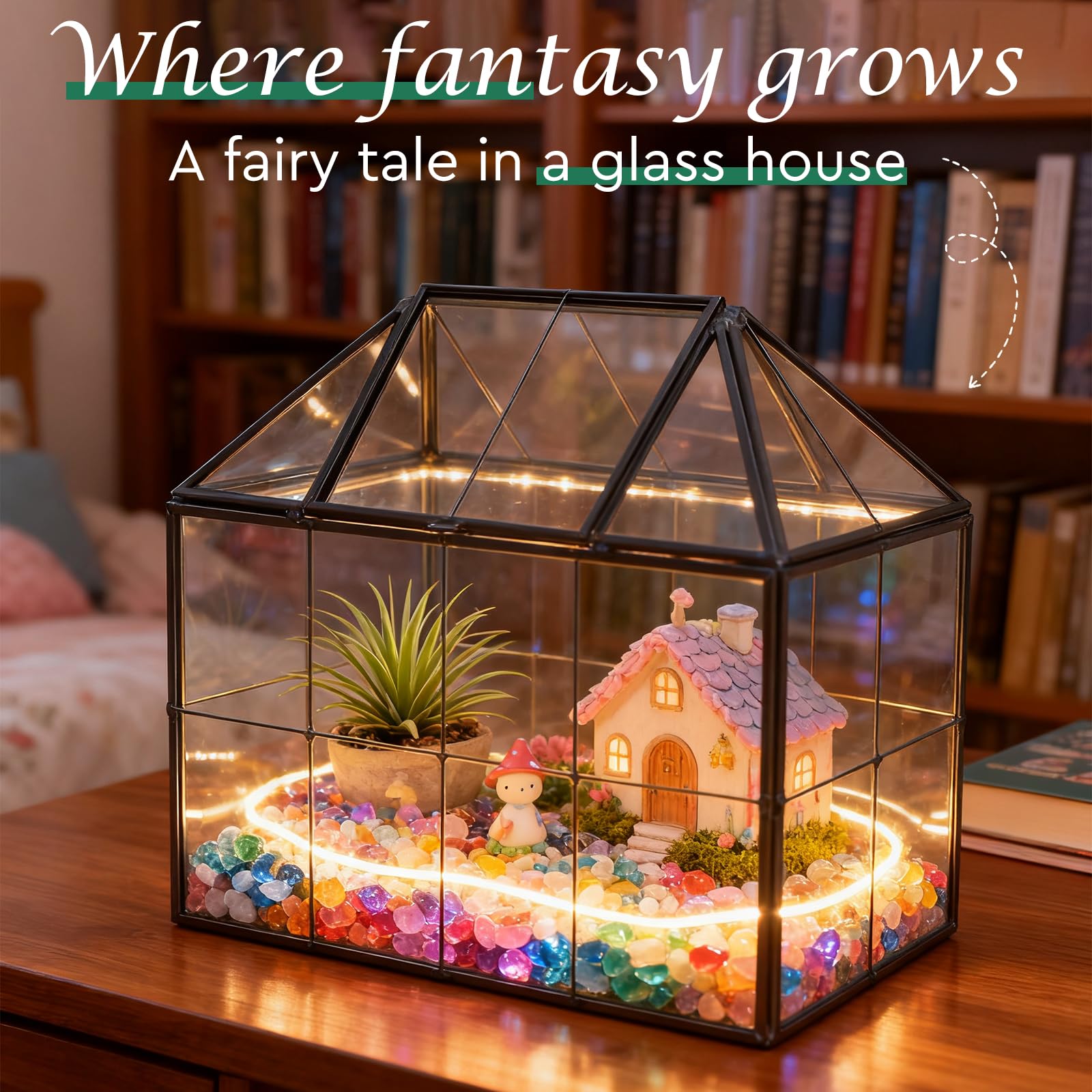 EFUTURETIME Mini Jardinière Terrarium Plante 23,3 x 13,6 x 18 cm, Miniature Serre Interieur Forme de Maison Idéal pour Succulentes Cactus et DIY (sans Plantes)