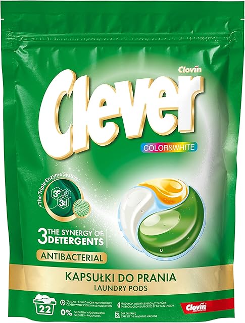Trzykomorowe kapsułki do prania CLEVER COLOR&WHITE 3 enzymy i 3 detergenty 22 sztuki