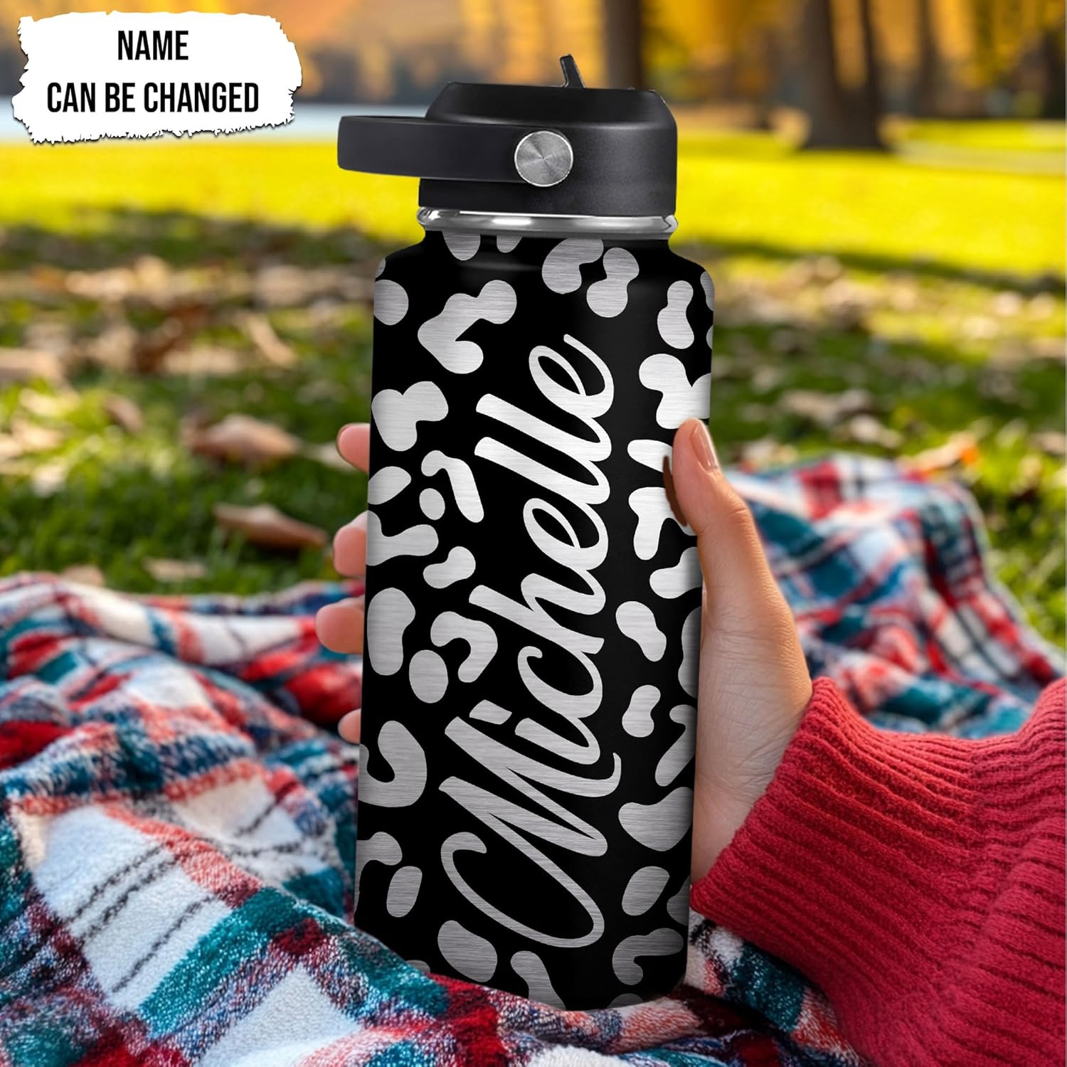 Hyturtle Personalized Leopard Water Bottle - Insulated Stainless Steel Bottle with Leak-Proof Lid 18oz 32oz - Leopard Print Gift for Women, Girls, Animal Lovers - Birthday & Christmas Gift