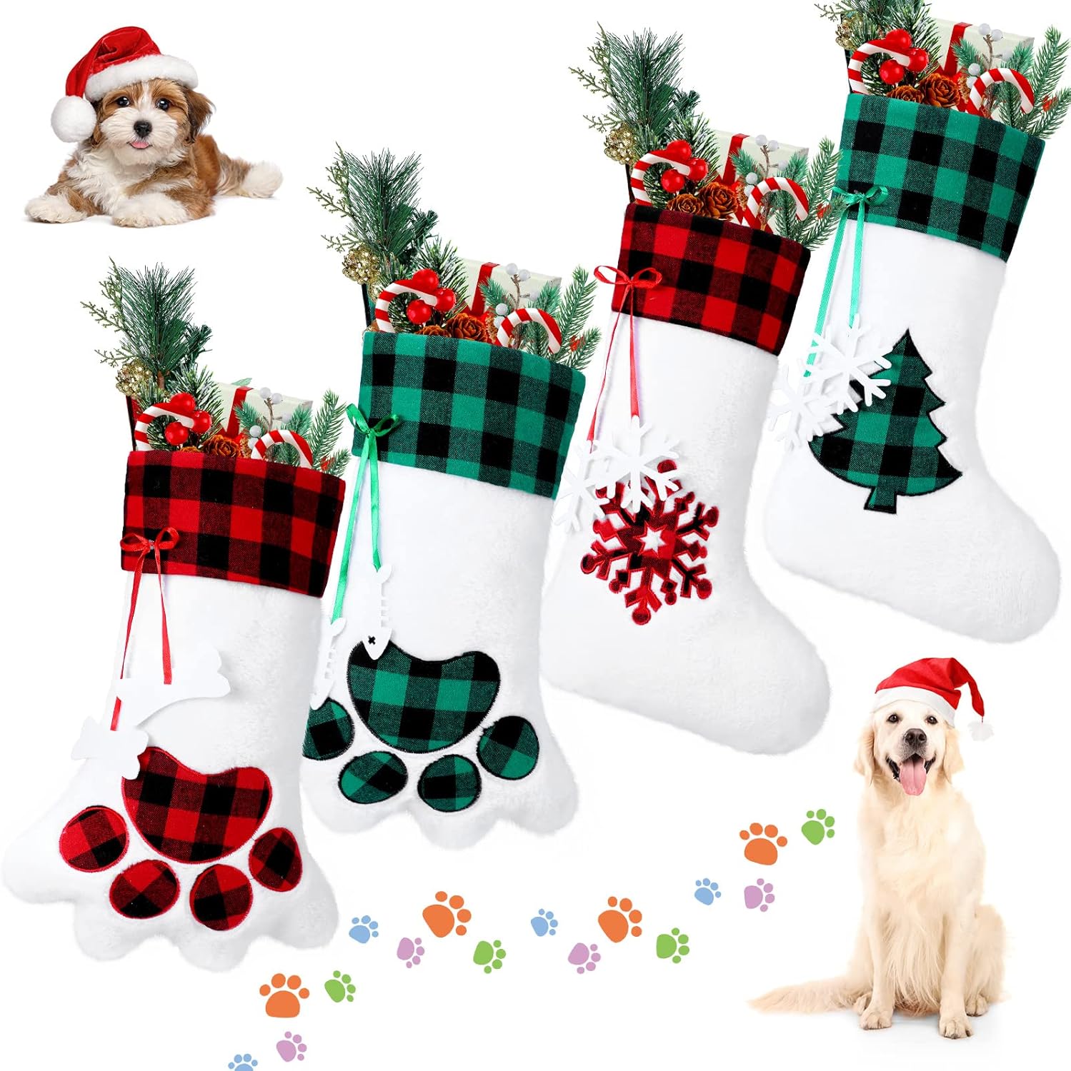 Syhood 4 Pcs Pet Cat Christmas Stockings Dog Paw Stocking