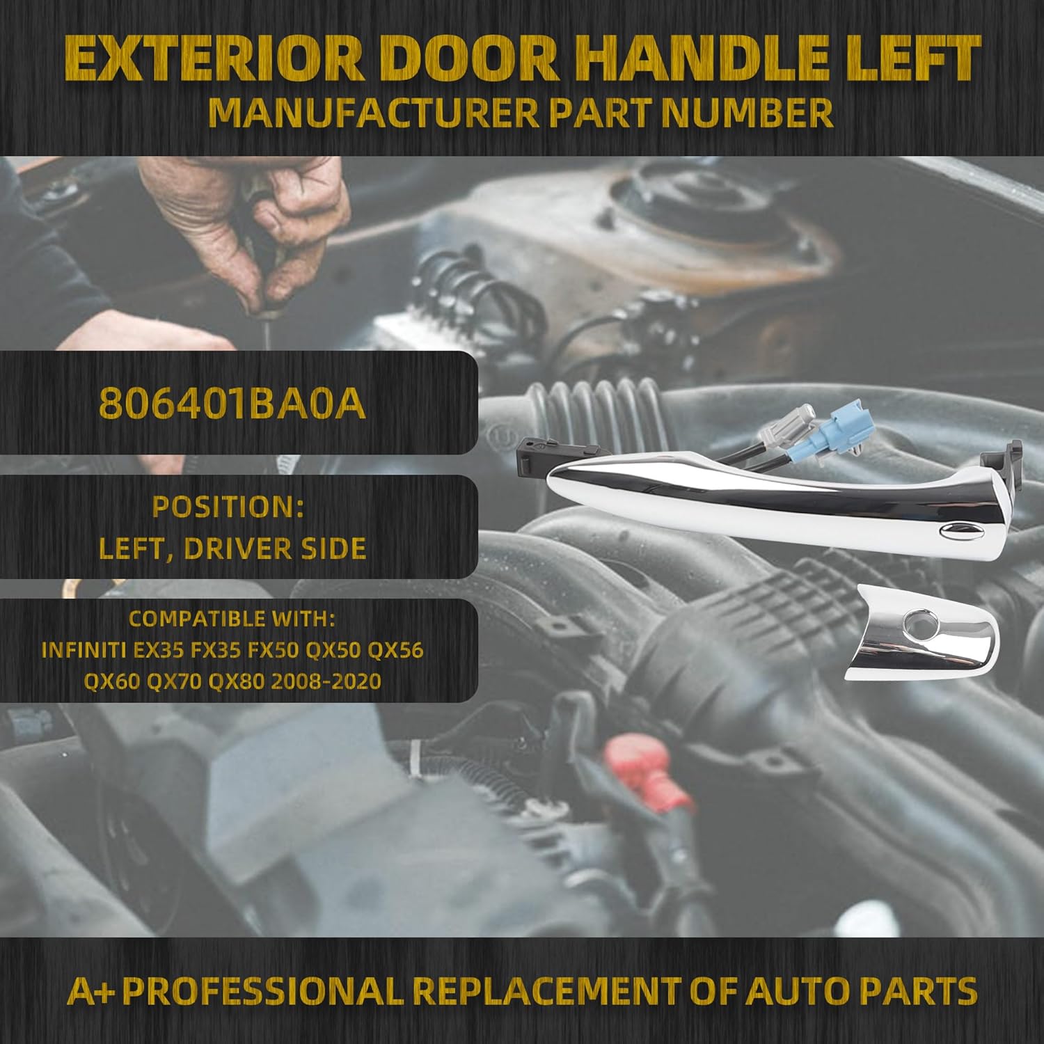 Dasbecan Exterior Door Handle Front Door Handle Left Driver Side with Keyhole Compatible with 2008-2020 Infiniti EX35 FX35 FX50 QX50 QX56 QX60 QX70 QX80 OEM 806401BA0A Dirver Side