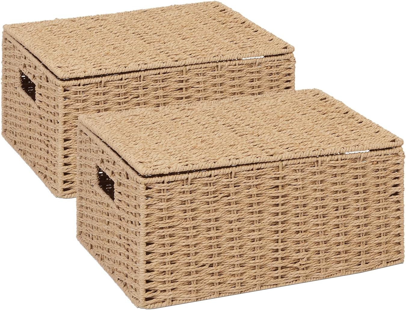 ARPAN 2 x Paper Rope Storage Hamper Basket With Lid - Ideal For Home/Office & Gifts Hamper (Natural - Large)