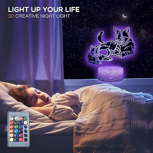 Miniatura 5 de Cats Pet - Lámpara de mesa LED con ilusión 3D, luz nocturna con tarjeta de felicitación, base iluminada, cambio de 16 colores, control remoto,