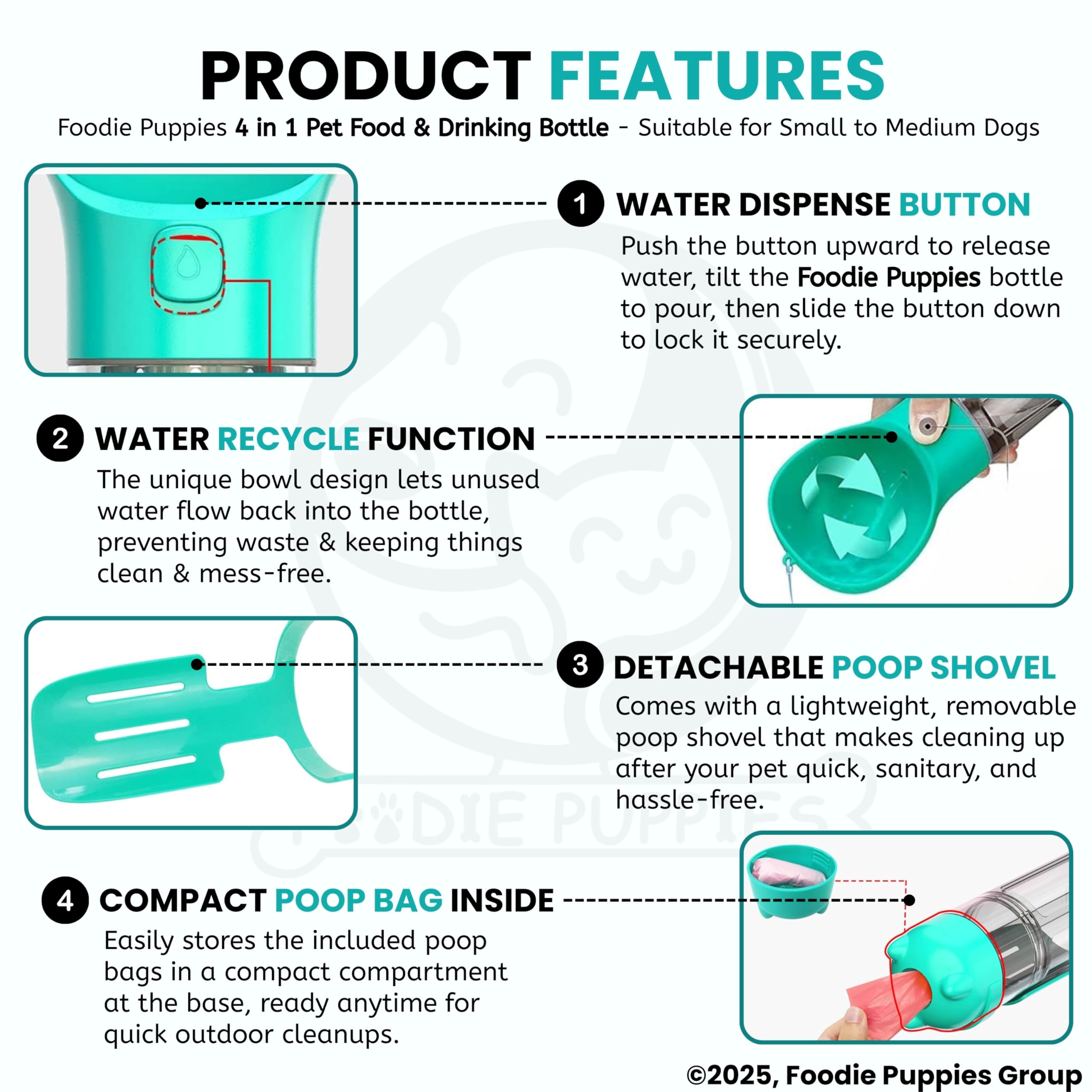 Foodie Puppies Dog Water Bottle, Leak Proof Portable Puppy Water Dispenser Drinking Feeder Pet Care Cup for Outdoor Walking, Hiking, Travel (4in1 Bottle - 300ml) 3