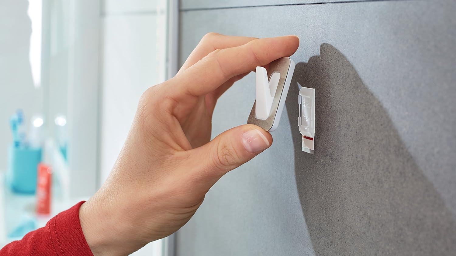 Tesa 59784 Multi-Purpose Waterproof Hooks with Modern Metal Design, for Bathroom or Kitchen, Powerstrips Waterproof Self-Adhesive, Holds up to 2 kg, Grey