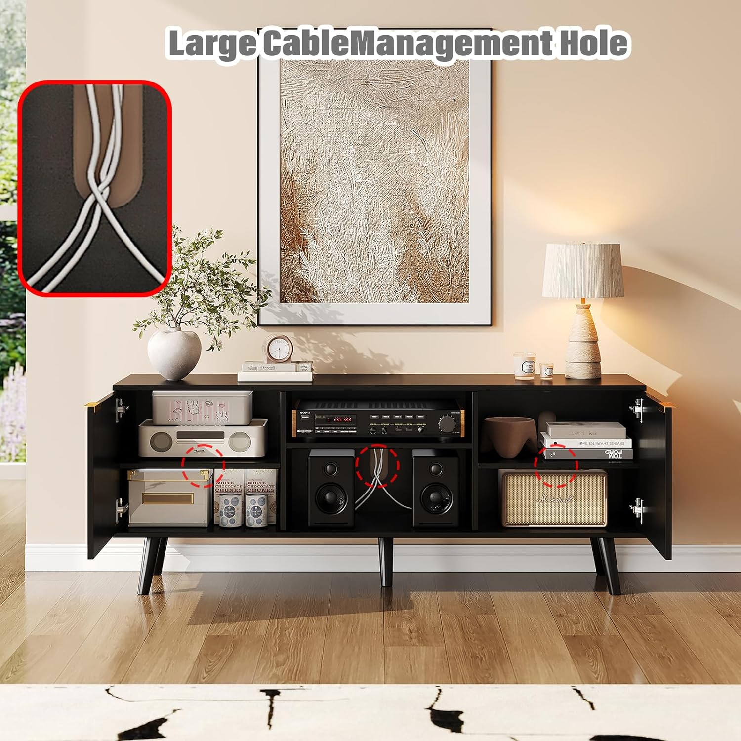 55 inch Fluted TV Stand with Storage, Mid Century Modern Entertainment Center with Adjustable Shelf, TV Table Stand up to 65 Inches TVs for Living Room, Bedroom, Black - Image 5