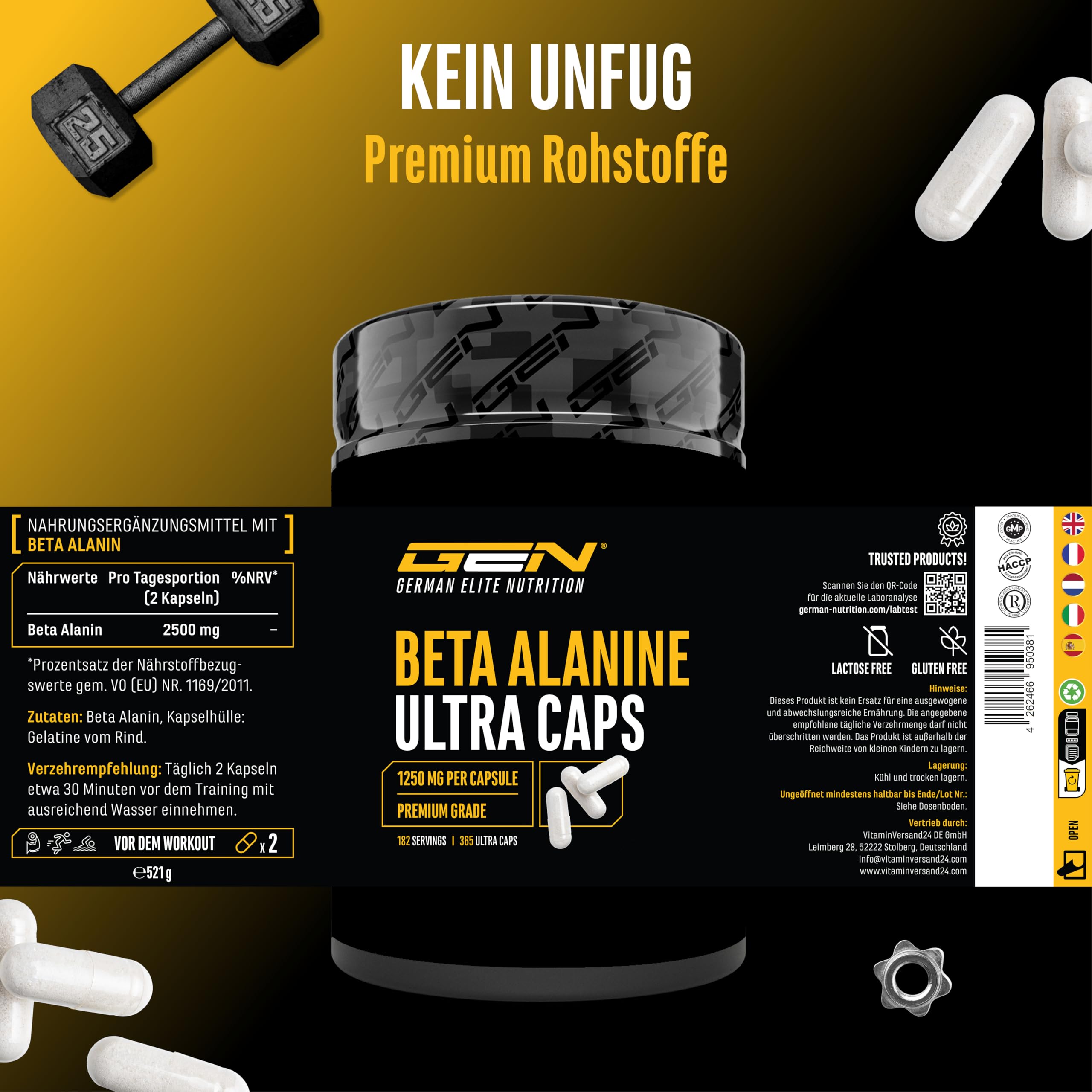 GEN GERMAN ELITE NUTRITION Beta Alanin Ultra Caps - 365 Kapseln - 1250 mg | 99% Reinheit, hochdosiert, ohne unerwünschte Zusätze