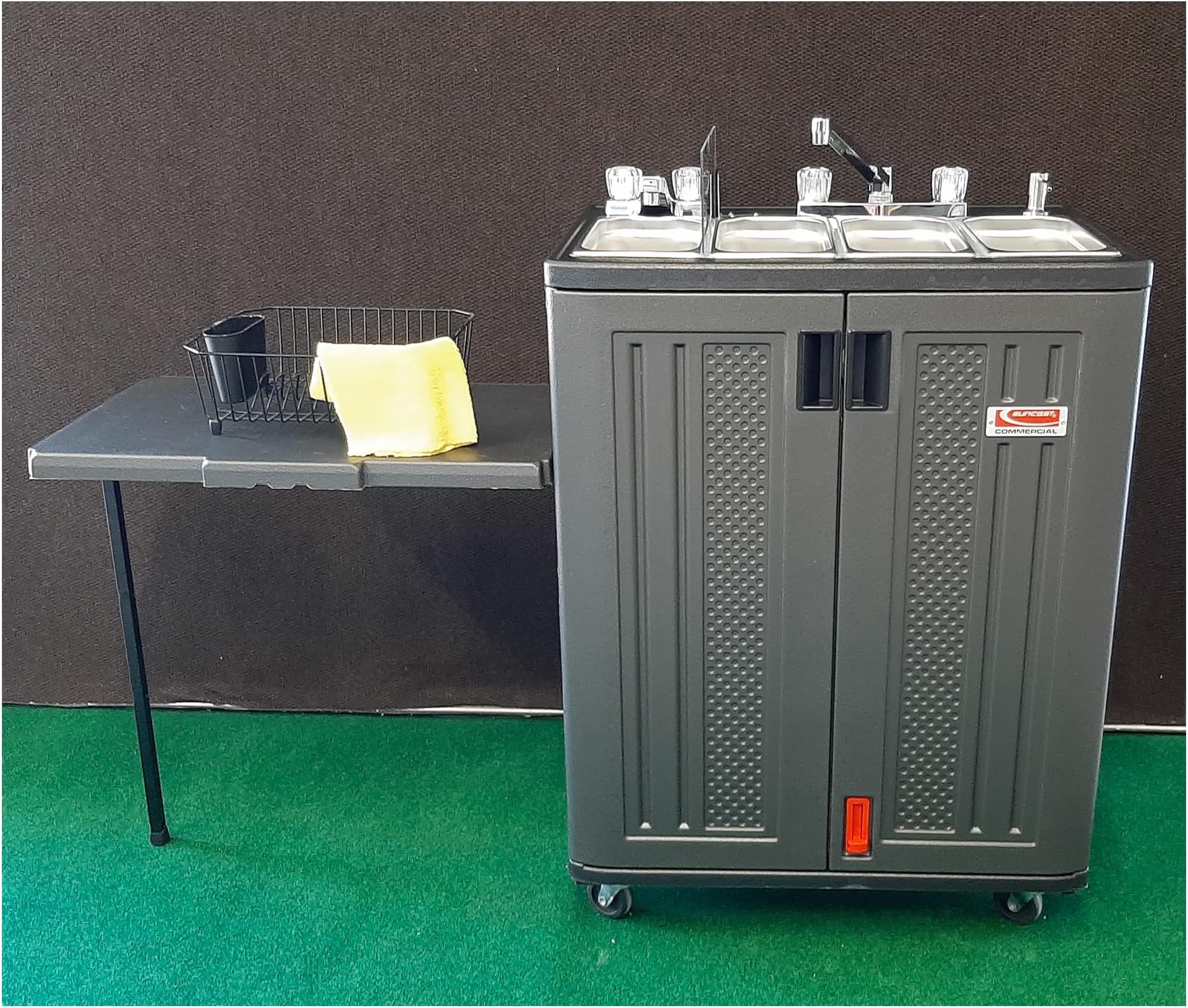 Concession Sinks - Standard Size Electric 3 Compartment with Soap Dispenser, Removable Accessory Shelf and New! Removable Wheels