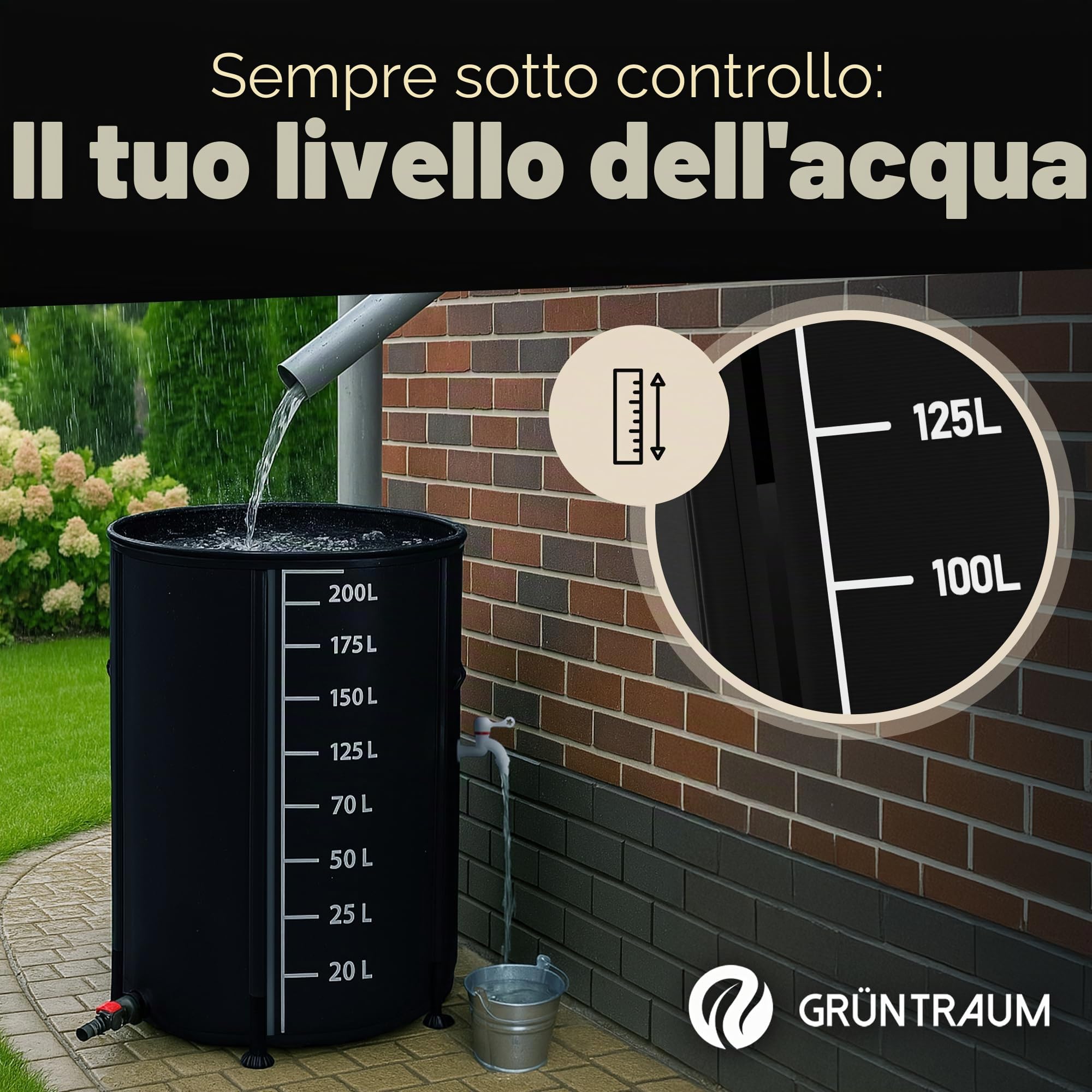Serbatoio dell'acqua piovana pieghevole 200 l – Cisterna / Serbatoio per acqua piovana / Serbatoio d'acqua pieghevole – Fusto d'acqua stabile – resistente alle intemperie – con indicatore di