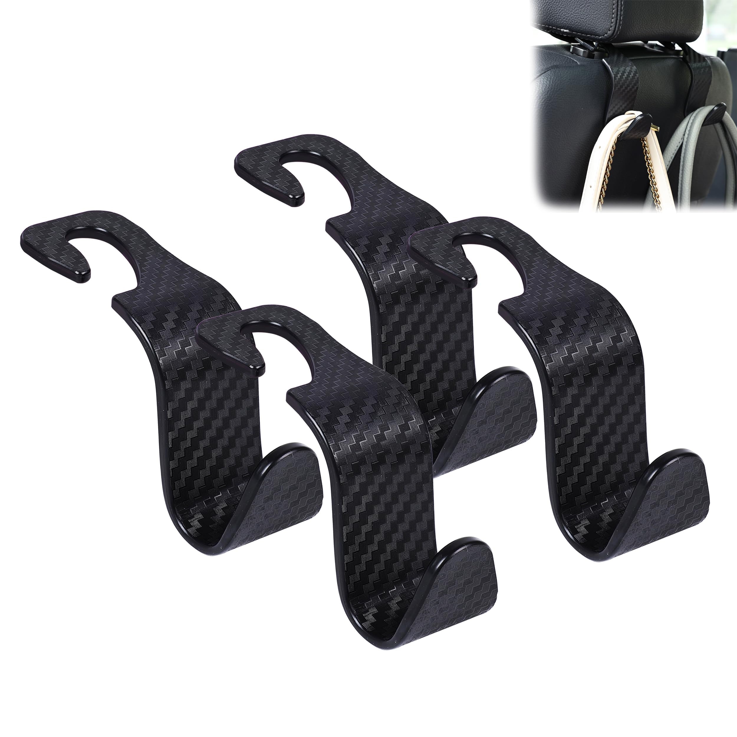 Car Seat Headrest Hook 4 Pack Hanger Universal Vehicle Car Storage Organizer for Handbag Purse Coat S Type Checkered Black