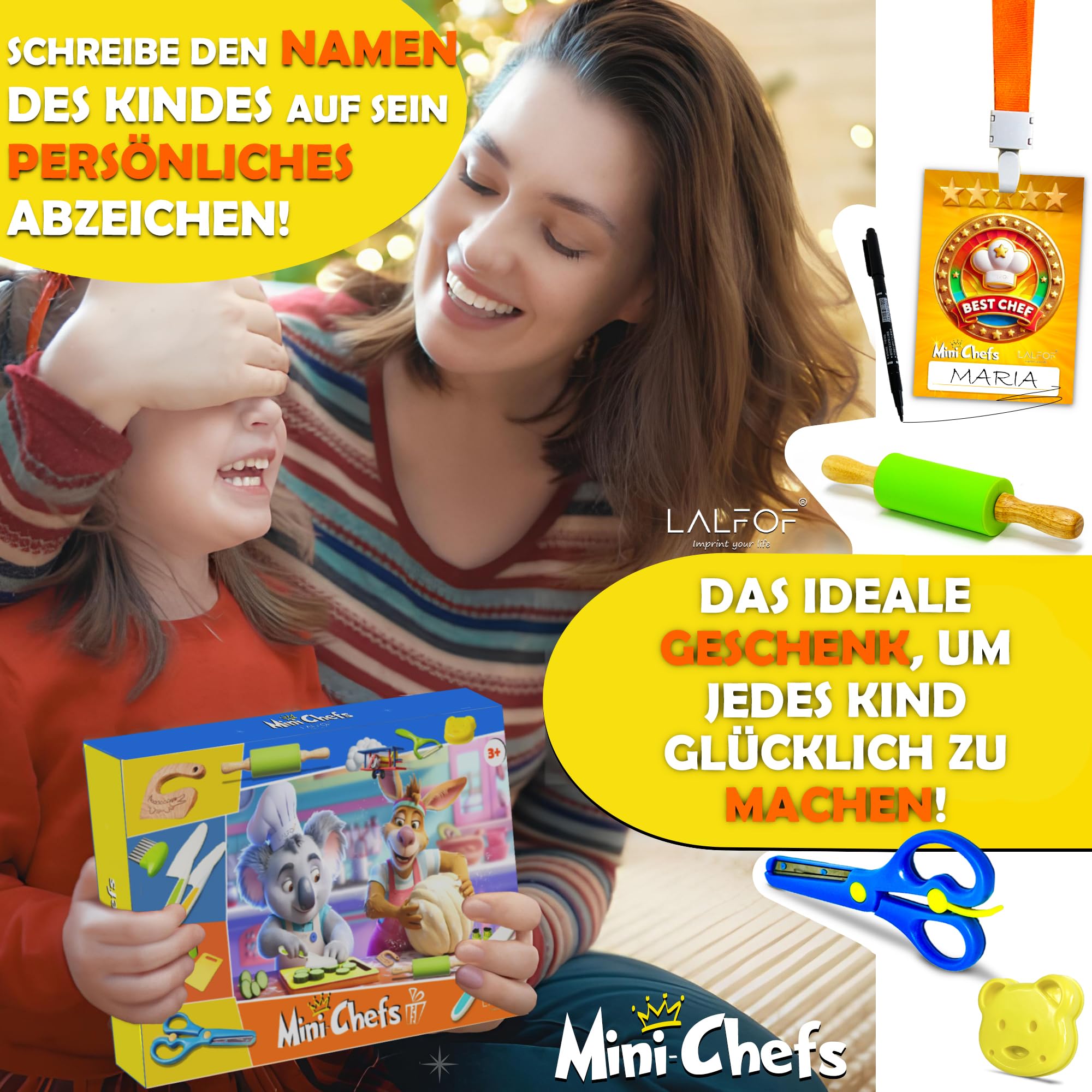 Kindermesser ab 2 jahre | 21 teiliges kinder schneideset mit 3 kinder messer, sparschäler kinder und personalisierbarem namensbadge zum umhängen | motorikspielzeug 2 jahre | kindermesser ab 3 jahre