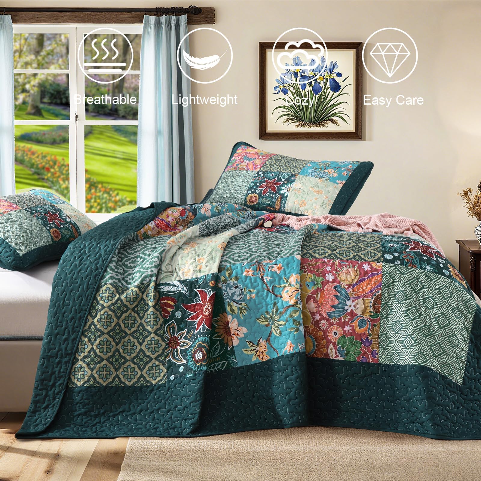 DJY Patchwork-Steppdecken-Set für King-Size-Betten, 3-teilig, grün, kariert, florales Muster, Boho-Türkis, rustikal, leicht, wendbar, für alle Jahreszeiten, 274 x 228 cm