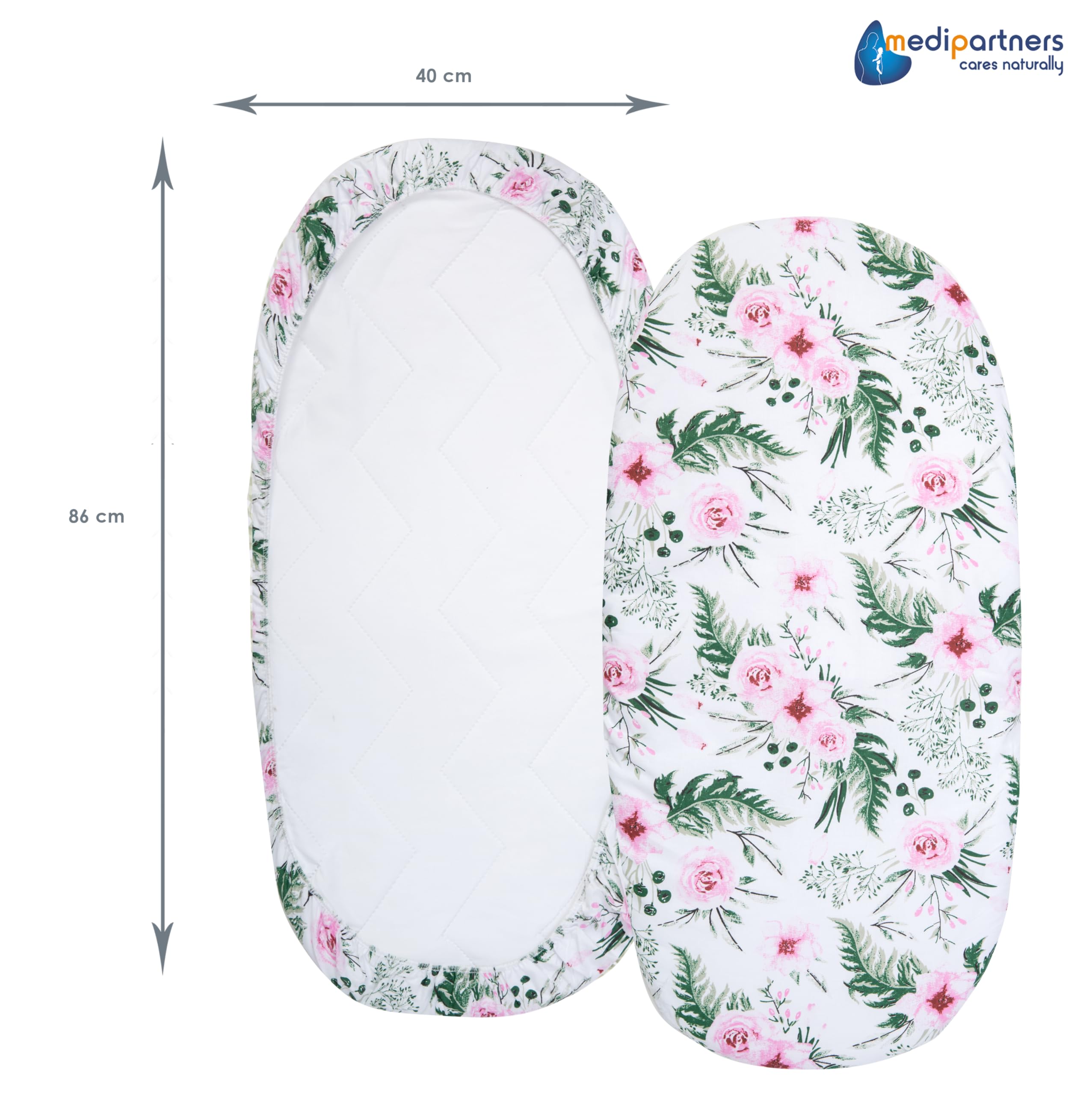 Medi Partners Lenzuola Lettino Culla 86x40 Set 3 Lenzuolo Navicella Neonato Carrozzina con Angoli - 100% Cotone Passeggino Materasso Fitted Sheet Coprimaterasso (Fiori Rosa-Bianco-Grigio)