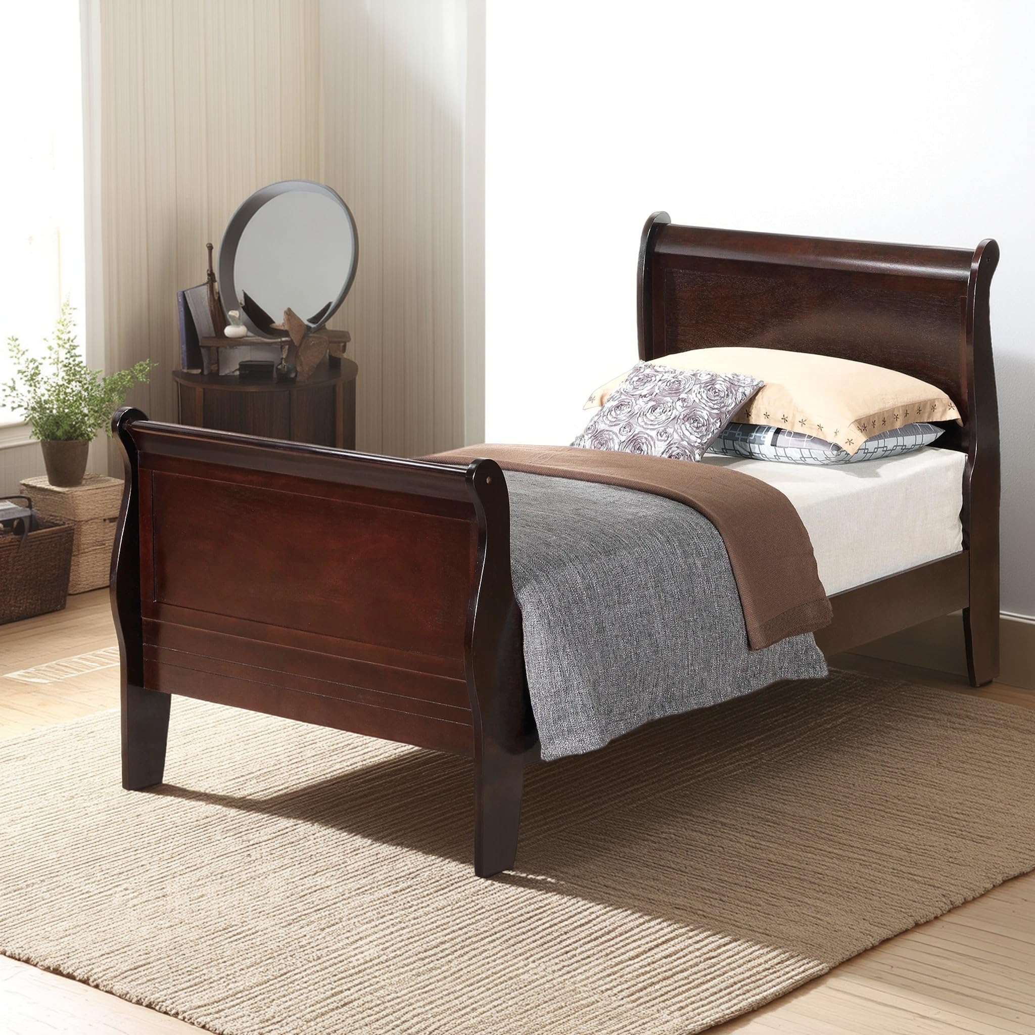 GDFStudio Twin Size Wood Platform Bed Frame, Classic Sleigh Design with Curved Trim & Wood Posts,Easy Assembly, Box Spring Required,Timeless Elegant