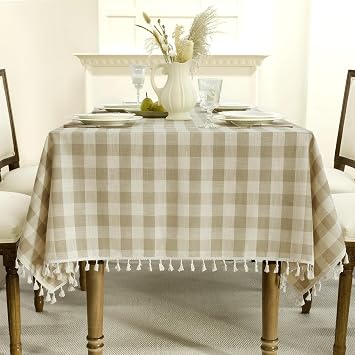 Romanstile Gingham Tassel Tablecloth Square - 55 x 55 Inch, Beige