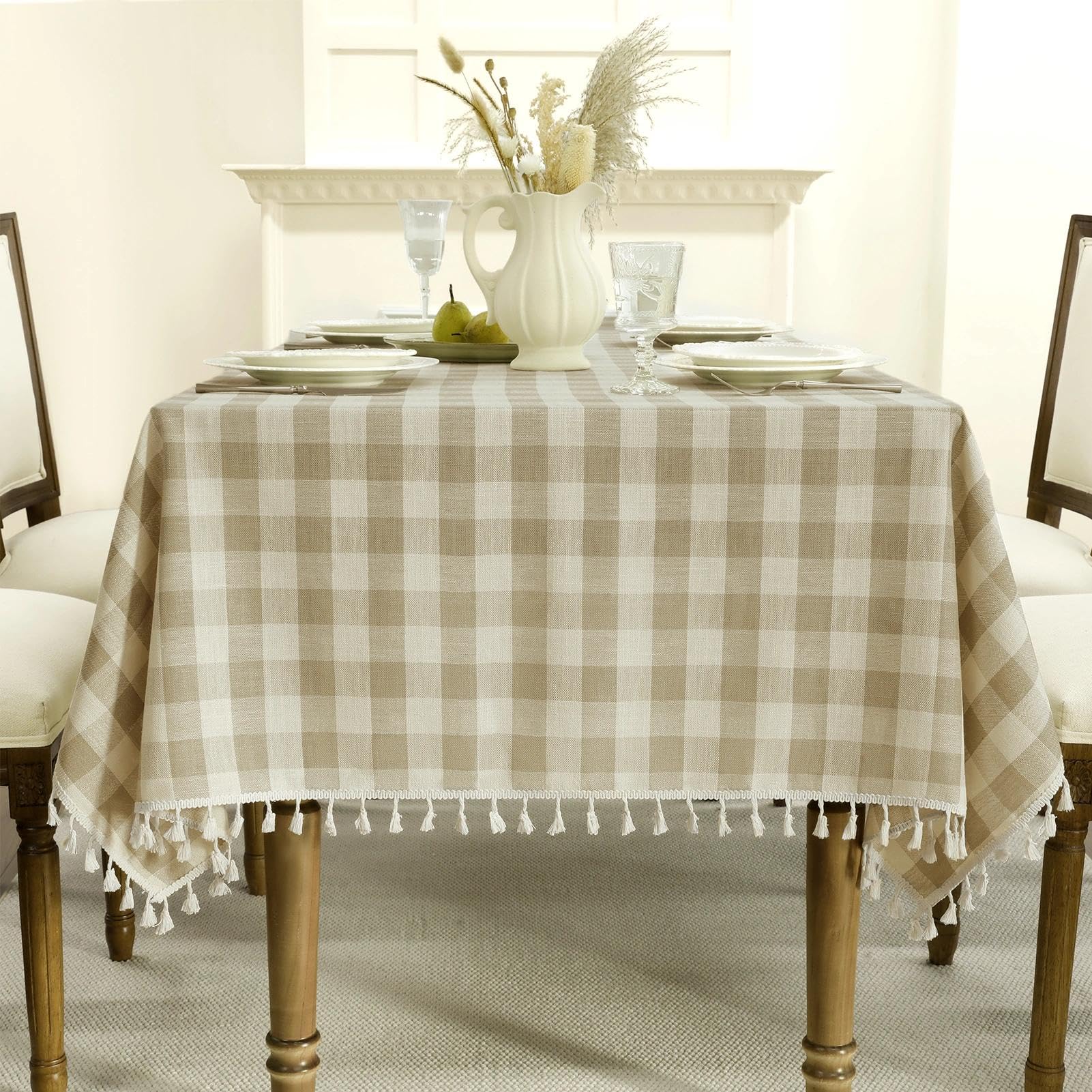 Photo 1 of Romanstile Gingham Tassel Tablecloth - 55" x 84", Beige Plaid