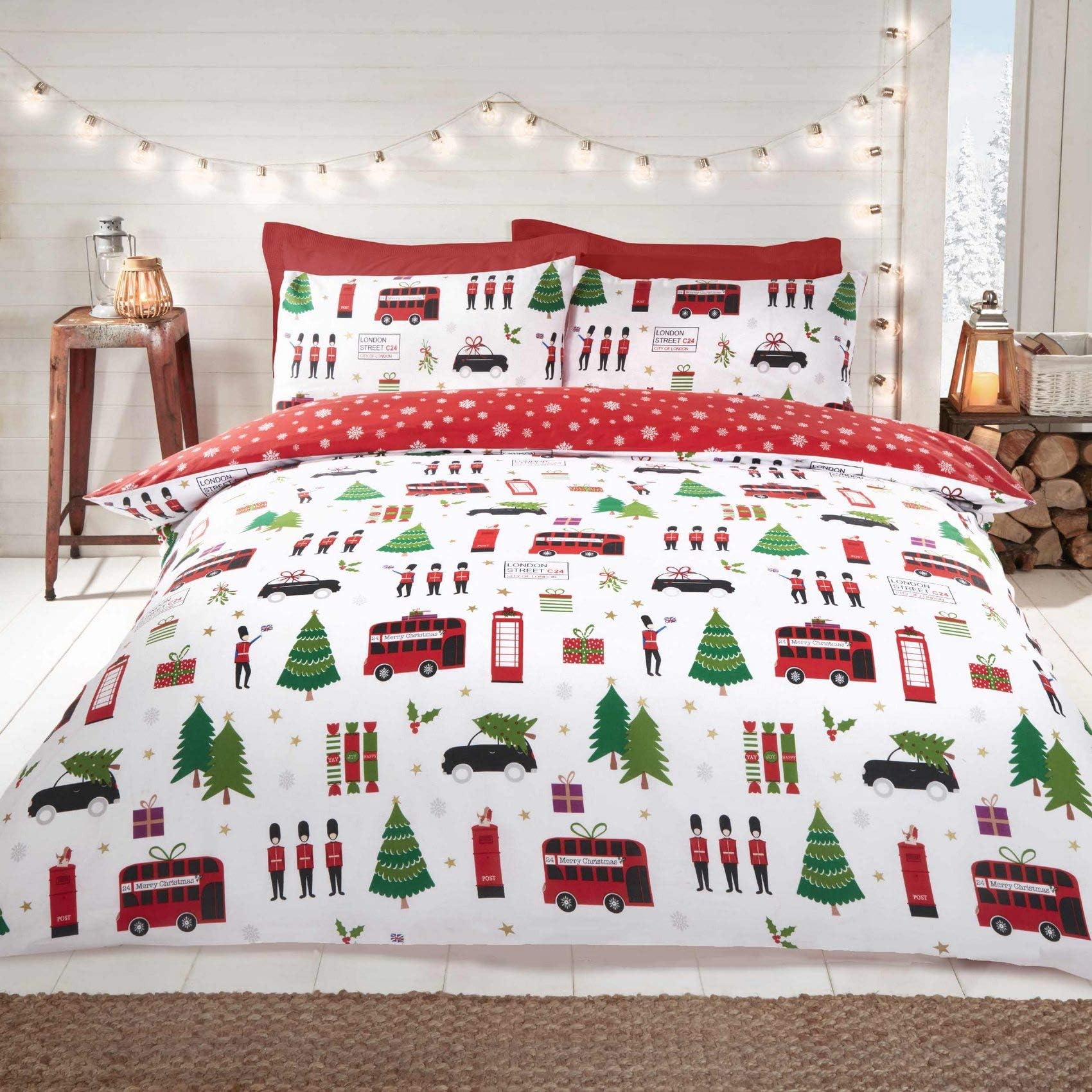 Rapport Home Rapport Christmas Decorations Reversible Duvet Cover Set, Polycotton, Red, Double