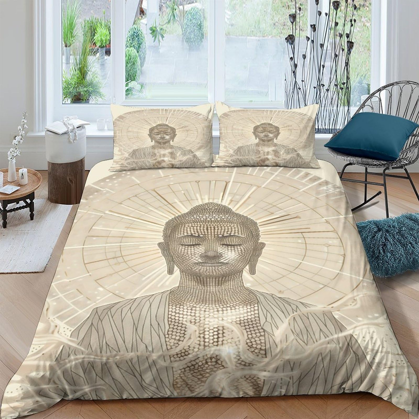 Ctjqhvkz Style-10 3D Printed Buddha Zen Fitted Sheet Microfiber Soft Beige Meditation Mandala Bed Cover For Bedroom Decor, Easy Care Single（135X200cm）