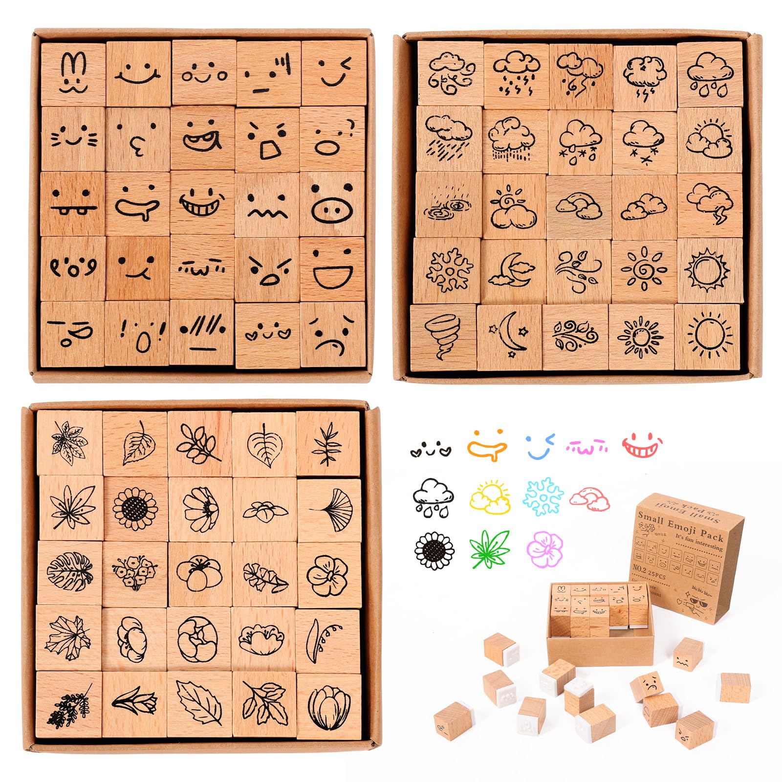 75Pcs Wooden Rubber Stamp Set, Vintage Rubber Stamps, Decorative Wood Stamps, Emoticon, Weather & Plant Journal Stamp for Arts & Crafts, Stationary, Scrapbooking, School Projects, Journals