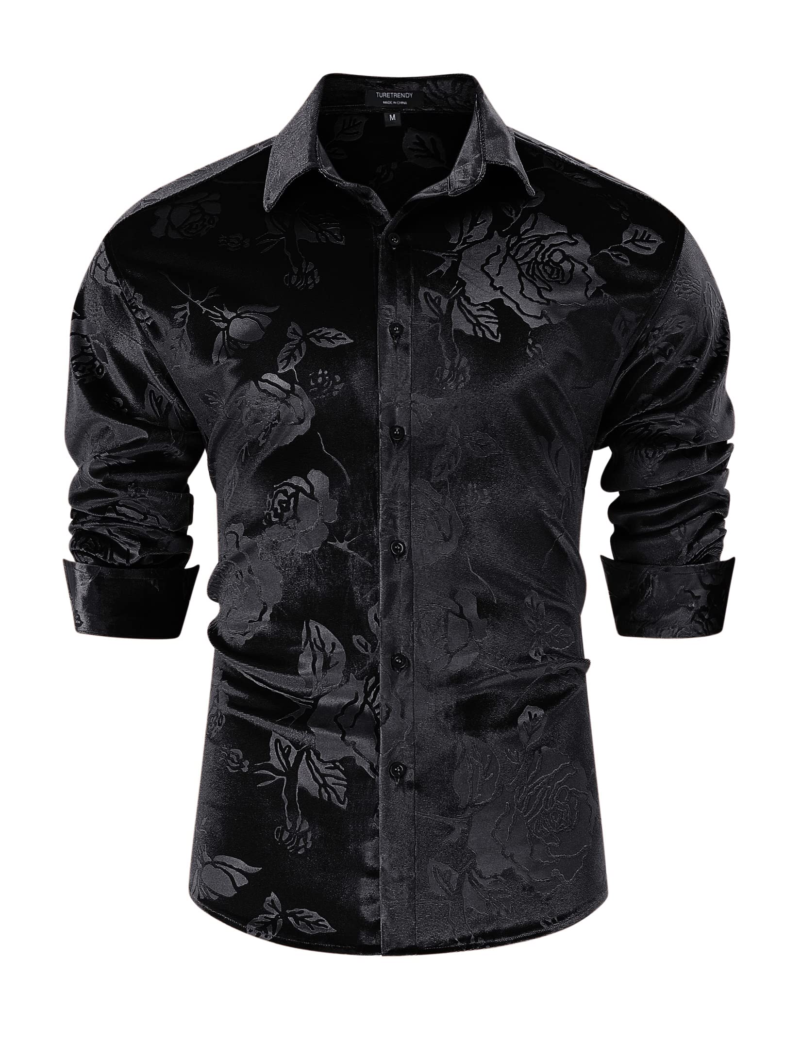Turetrendy Mens Velvet Shirts Floral Printed Rose Shirts Long