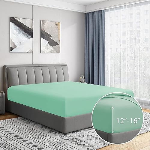 Cathay Home Luxury Wrinkle and Fade Resistant Double Brushed Ultra Soft Microfiber 14-Inch Standard Pocket Single Fitted Sheet, Sea Foam, King